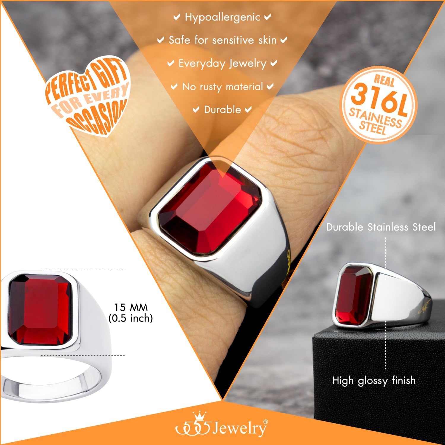 image:image555Jewelry Stainless Steel High Polish Plain Oval Black Onyx Signet Ring for MenSilver Red CZ
