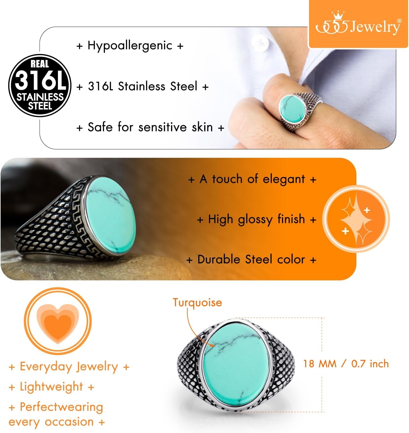 image:image555Jewelry Stainless Steel High Polish Plain Oval Black Onyx Signet Ring for MenSilver Turquoise