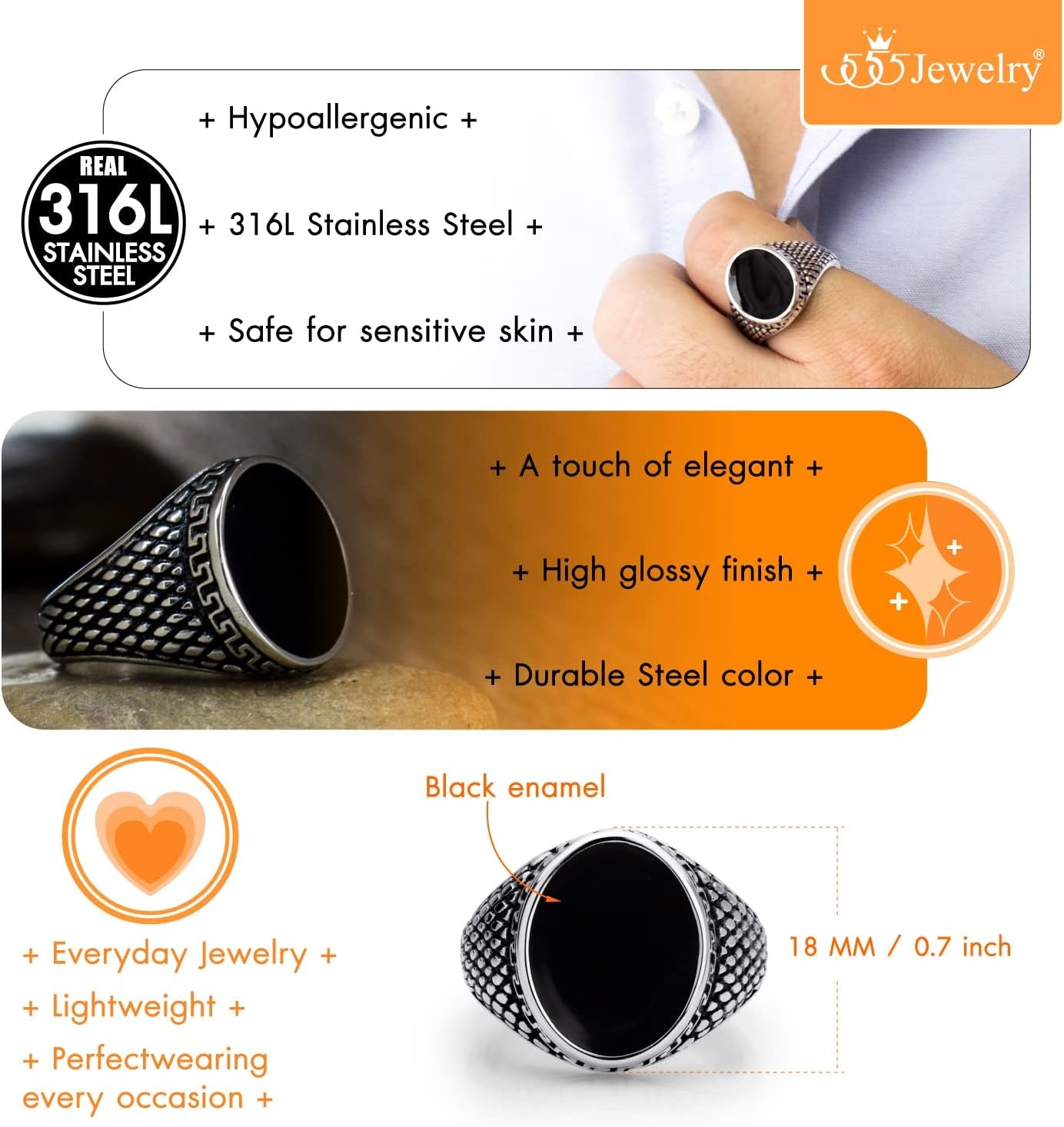 image:image555Jewelry Stainless Steel High Polish Plain Oval Black Onyx Signet Ring for MenSilver Vintage