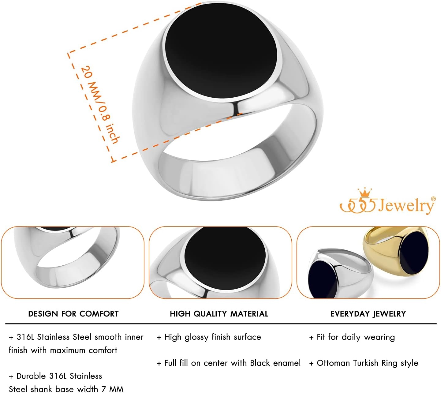 image:image555Jewelry Stainless Steel High Polish Plain Oval Black Onyx Signet Ring for MenSilver