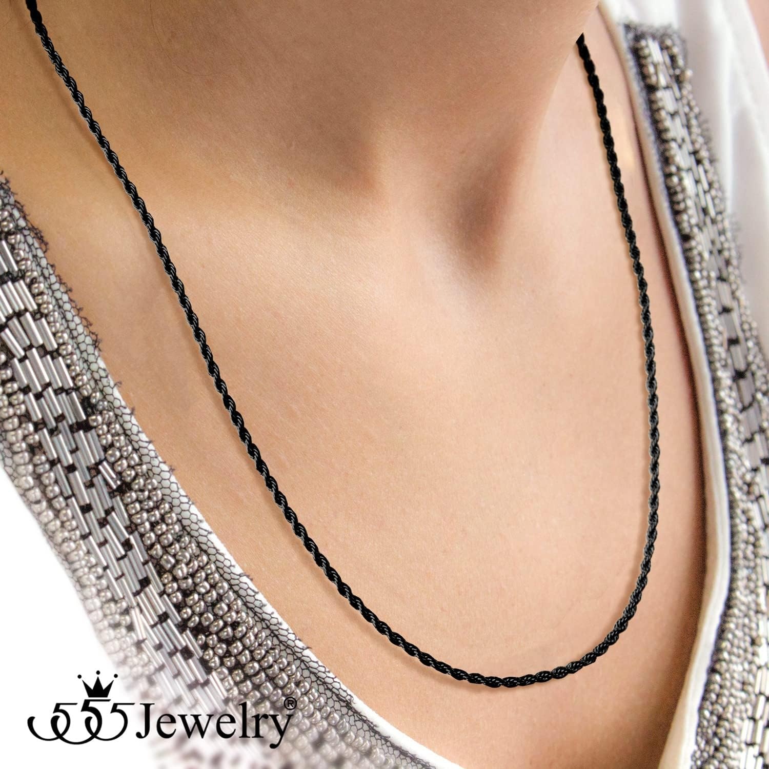 image:image555Jewelry Stainless Steel Hypoallergenic Twisted Singapore Rope Chain NecklaceBlack