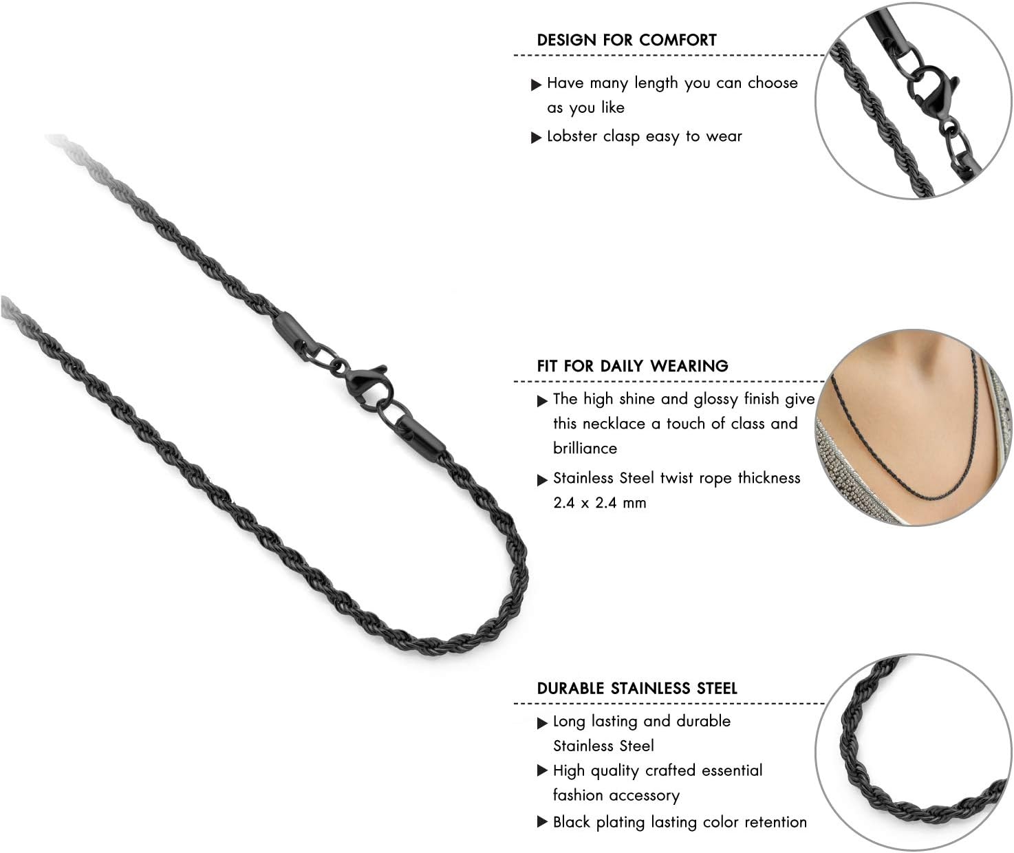 image:image555Jewelry Stainless Steel Hypoallergenic Twisted Singapore Rope Chain NecklaceBlack