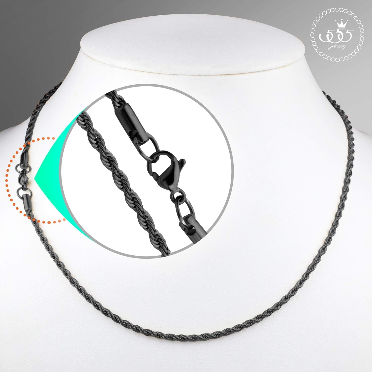 image:image555Jewelry Stainless Steel Hypoallergenic Twisted Singapore Rope Chain NecklaceBlack