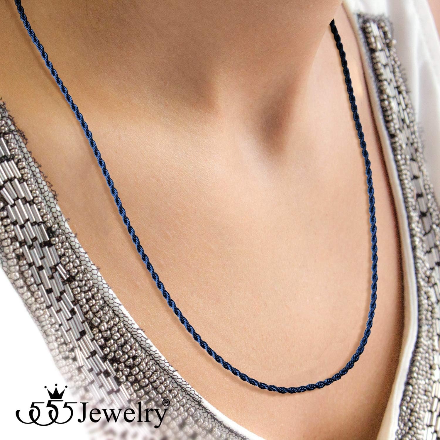 image:image555Jewelry Stainless Steel Hypoallergenic Twisted Singapore Rope Chain NecklaceBlue