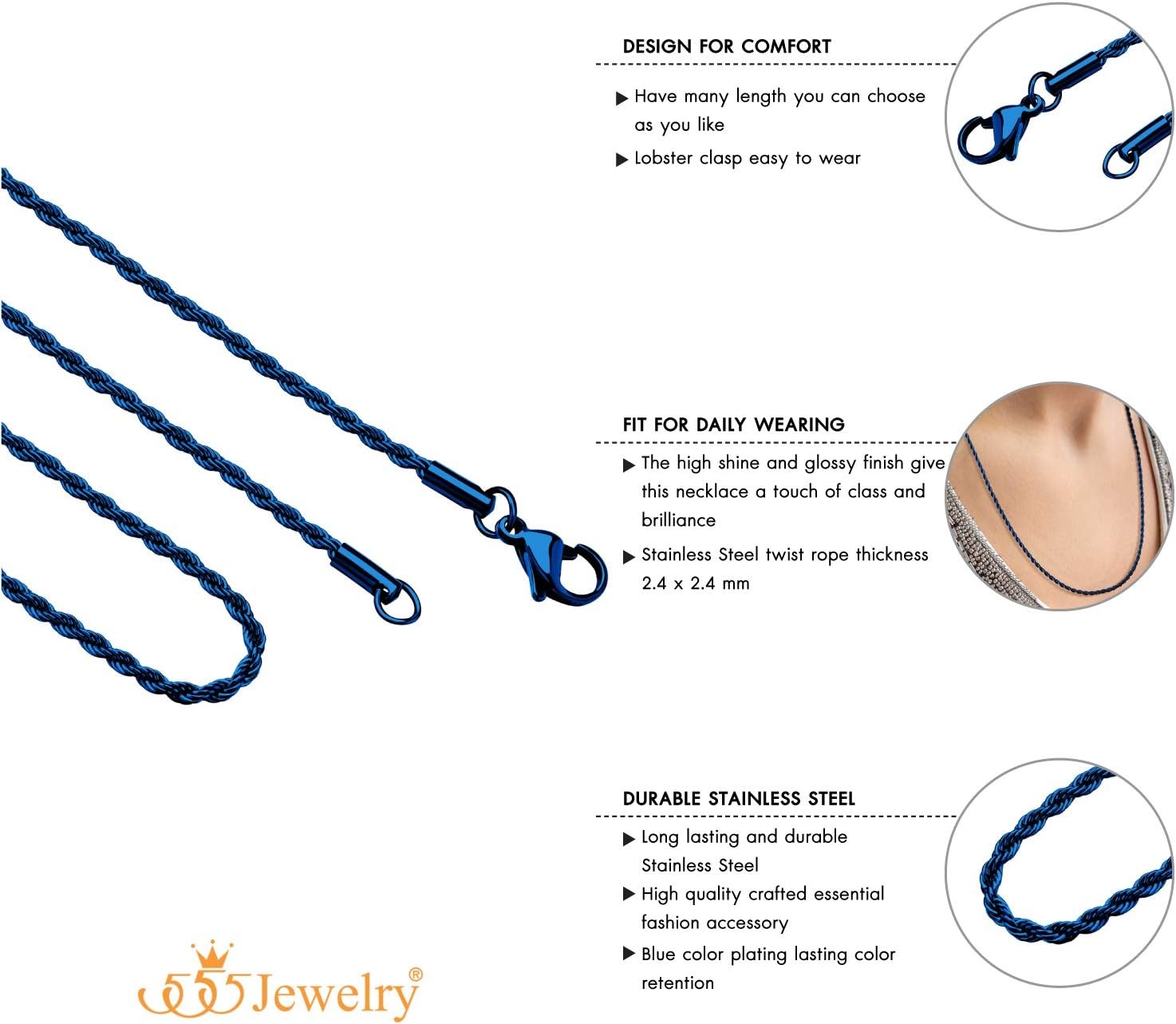 image:image555Jewelry Stainless Steel Hypoallergenic Twisted Singapore Rope Chain NecklaceBlue