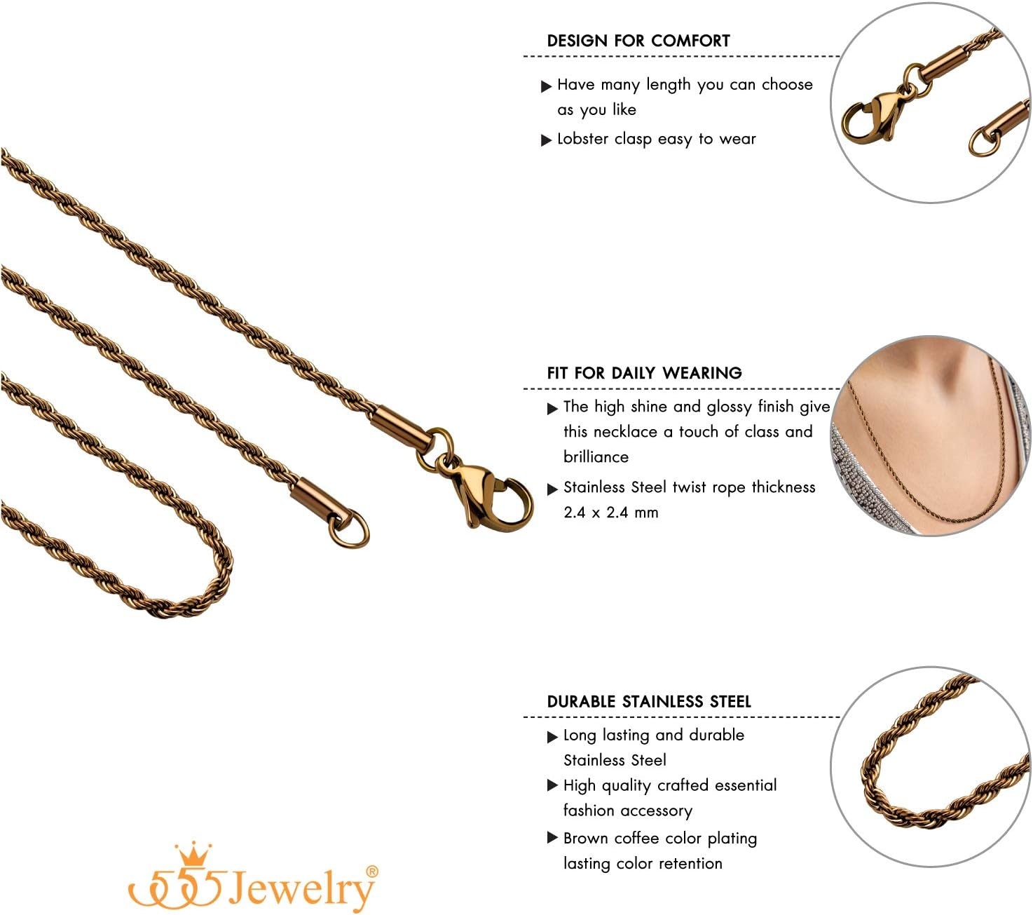 image:image555Jewelry Stainless Steel Hypoallergenic Twisted Singapore Rope Chain NecklaceCoffee