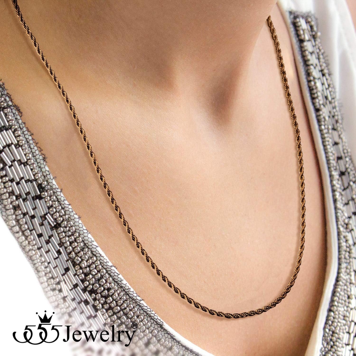 image:image555Jewelry Stainless Steel Hypoallergenic Twisted Singapore Rope Chain NecklaceCoffee