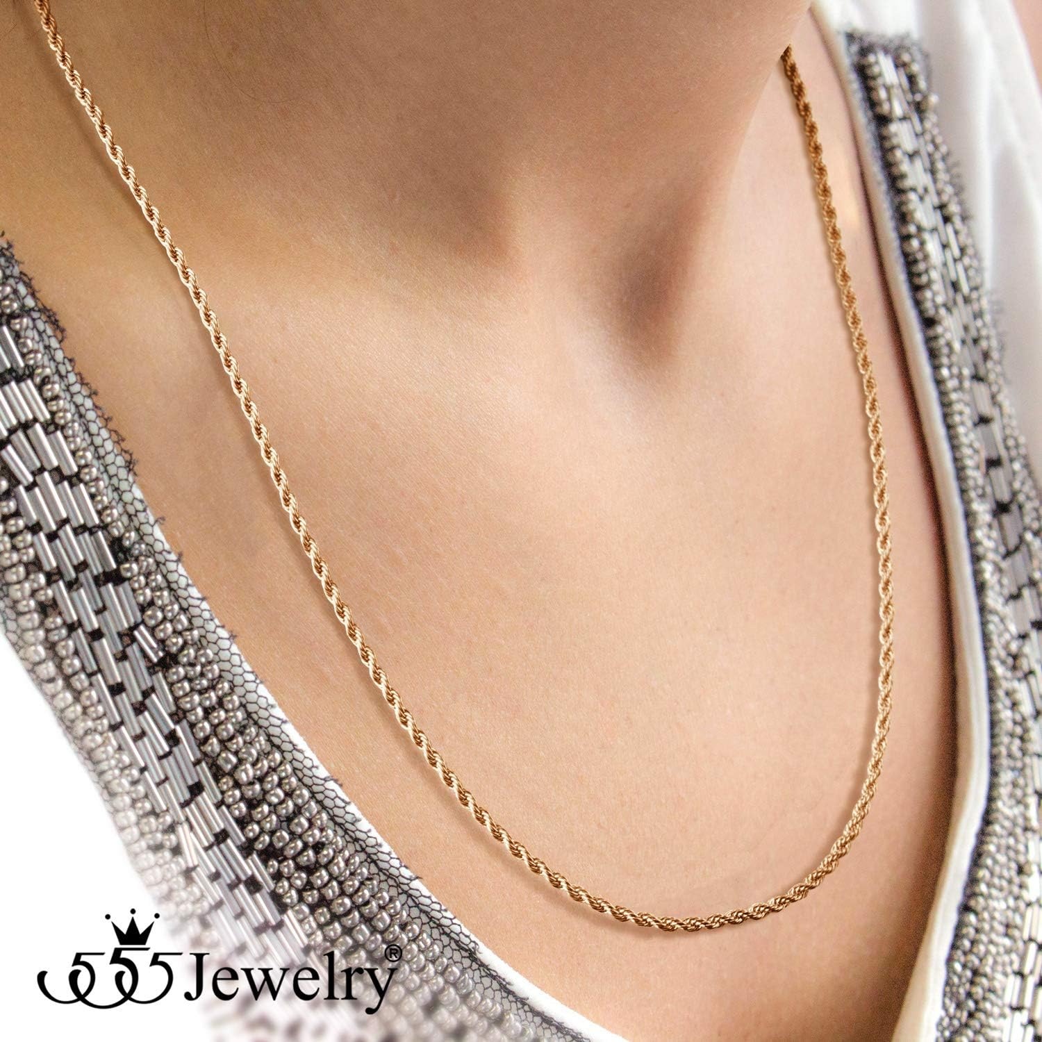 image:image555Jewelry Stainless Steel Hypoallergenic Twisted Singapore Rope Chain NecklacePink Rose Gold