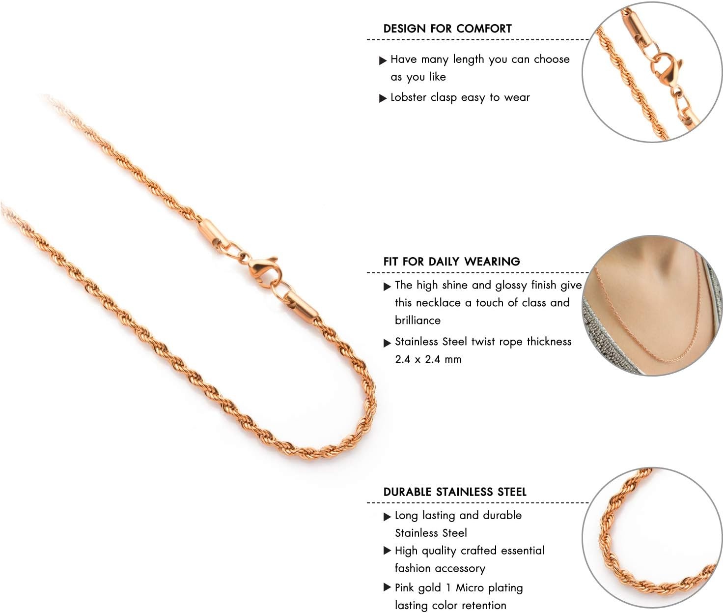 image:image555Jewelry Stainless Steel Hypoallergenic Twisted Singapore Rope Chain NecklacePink Rose Gold