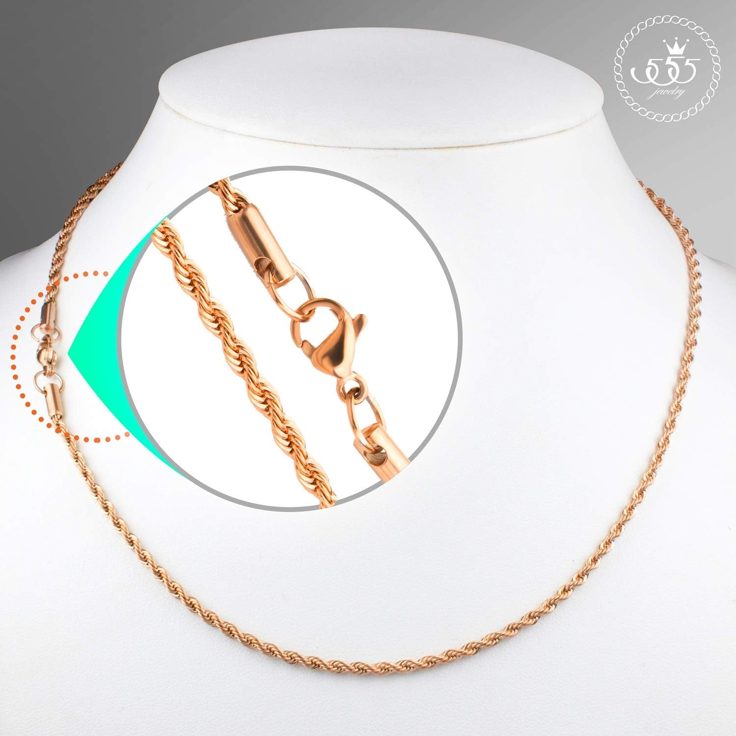 image:image555Jewelry Stainless Steel Hypoallergenic Twisted Singapore Rope Chain NecklacePink Rose Gold