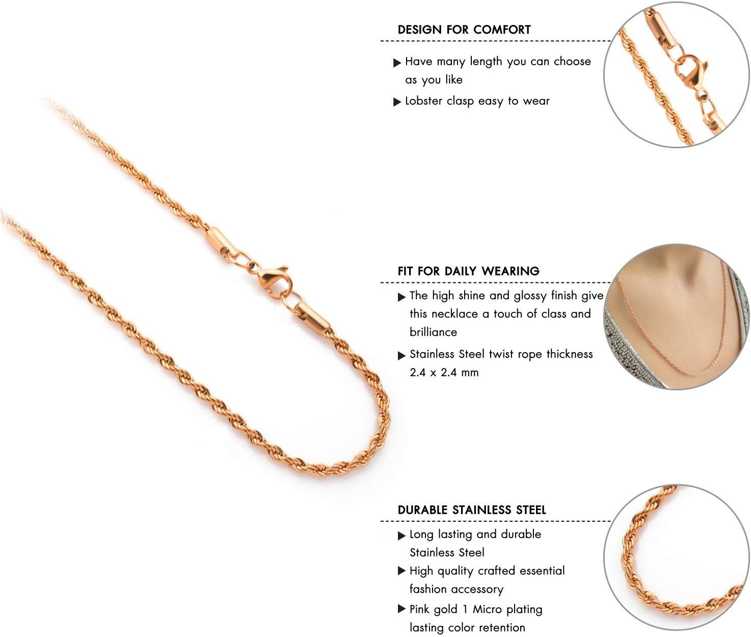 image:image555Jewelry Stainless Steel Hypoallergenic Twisted Singapore Rope Chain NecklacePink Rose Gold