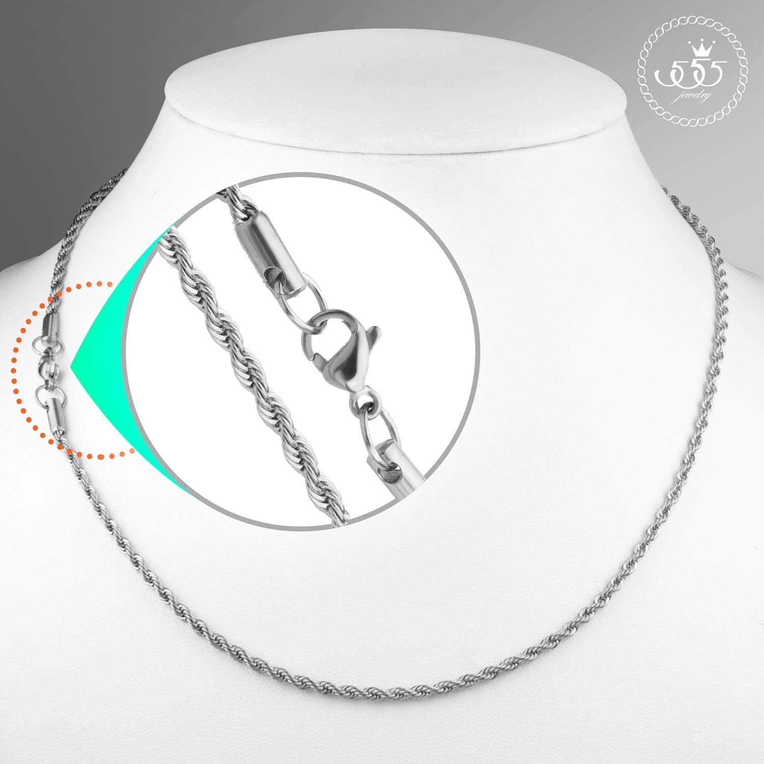 image:image555Jewelry Stainless Steel Hypoallergenic Twisted Singapore Rope Chain NecklaceSilver