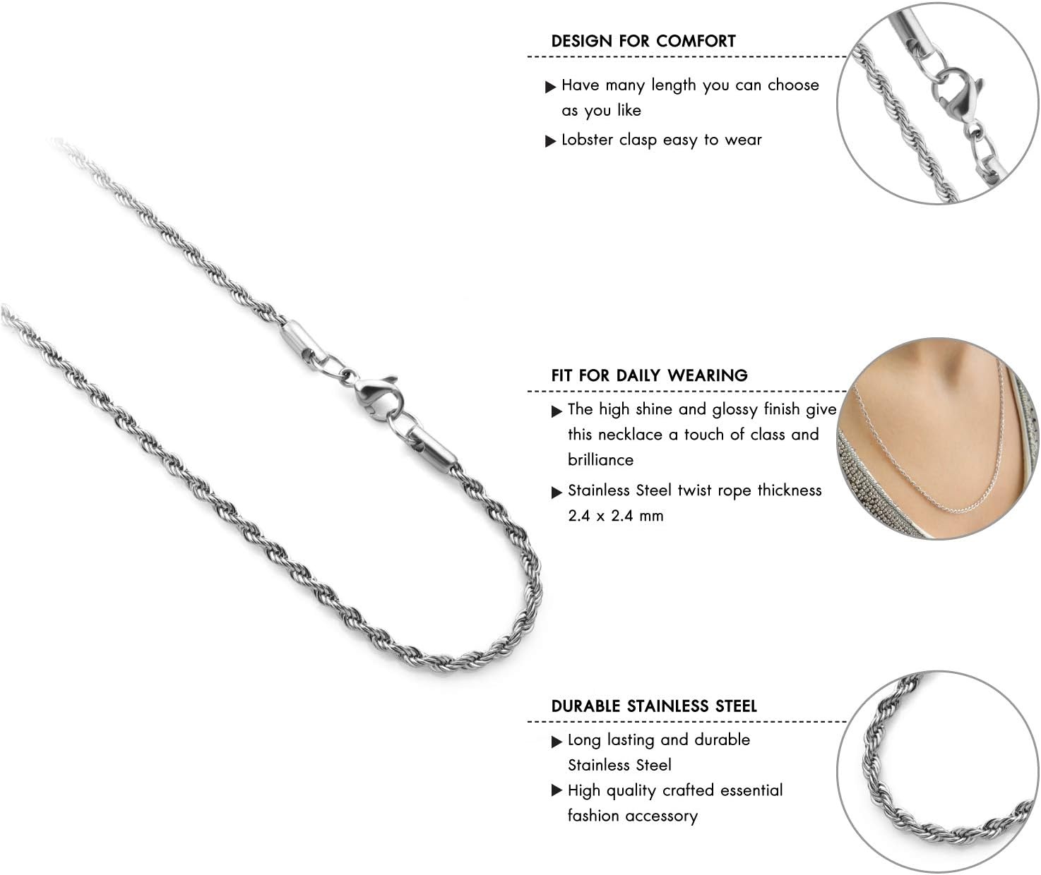 image:image555Jewelry Stainless Steel Hypoallergenic Twisted Singapore Rope Chain NecklaceSilver