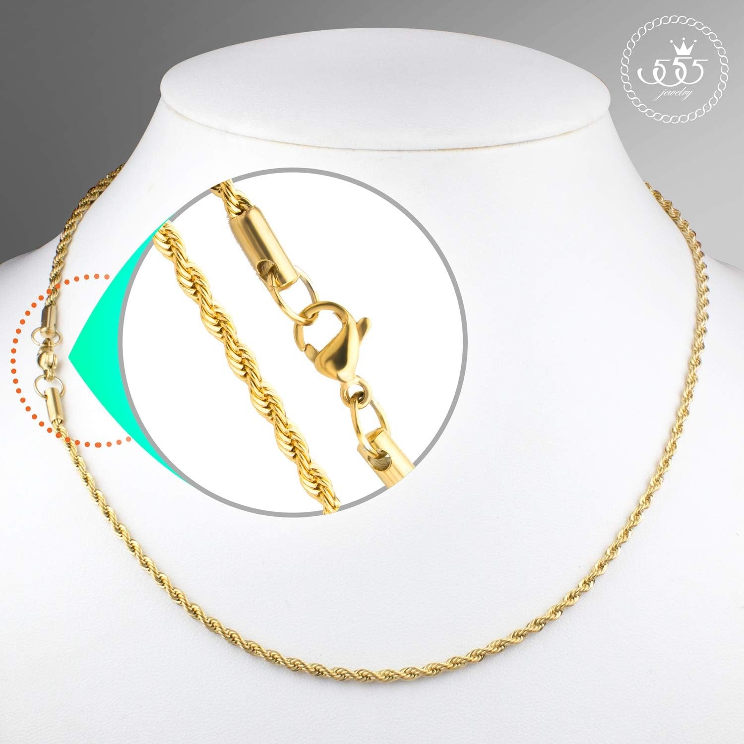 image:image555Jewelry Stainless Steel Hypoallergenic Twisted Singapore Rope Chain NecklaceYellow Gold