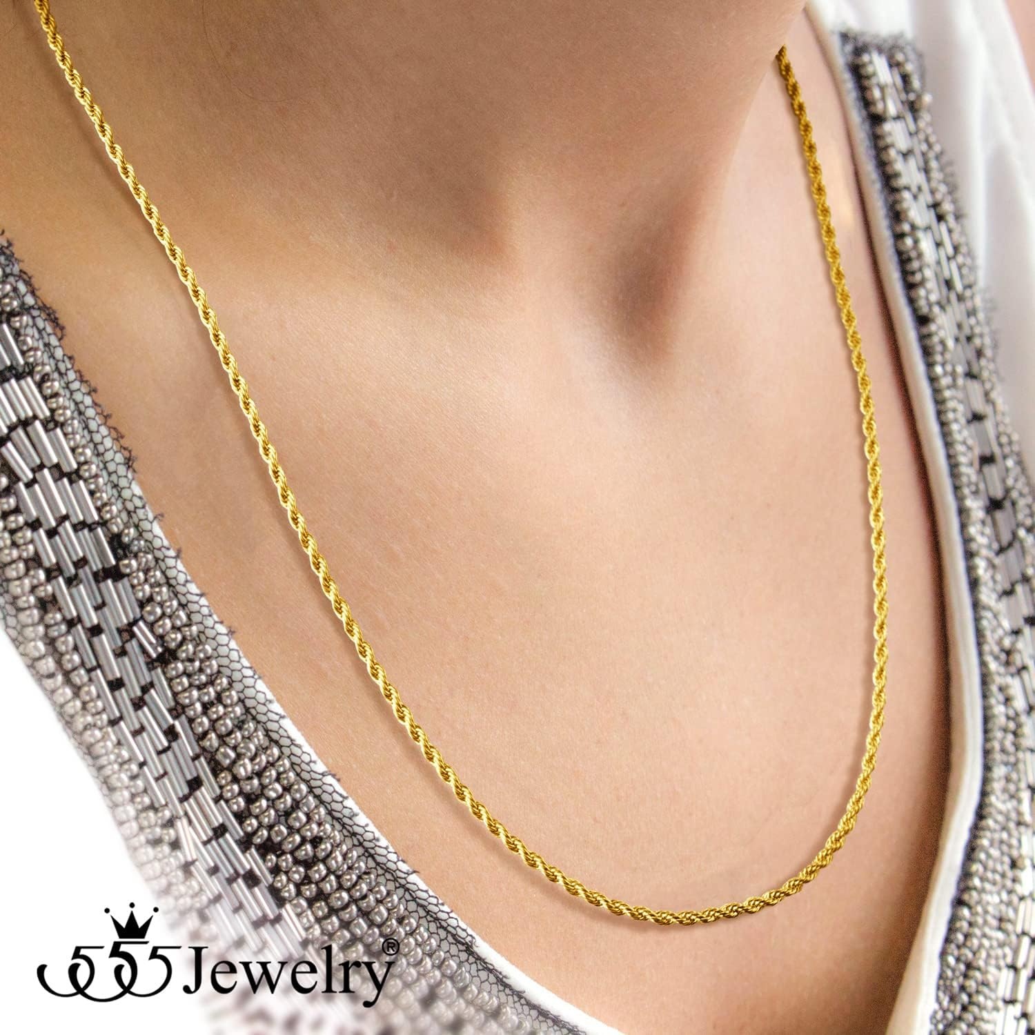 image:image555Jewelry Stainless Steel Hypoallergenic Twisted Singapore Rope Chain NecklaceYellow Gold