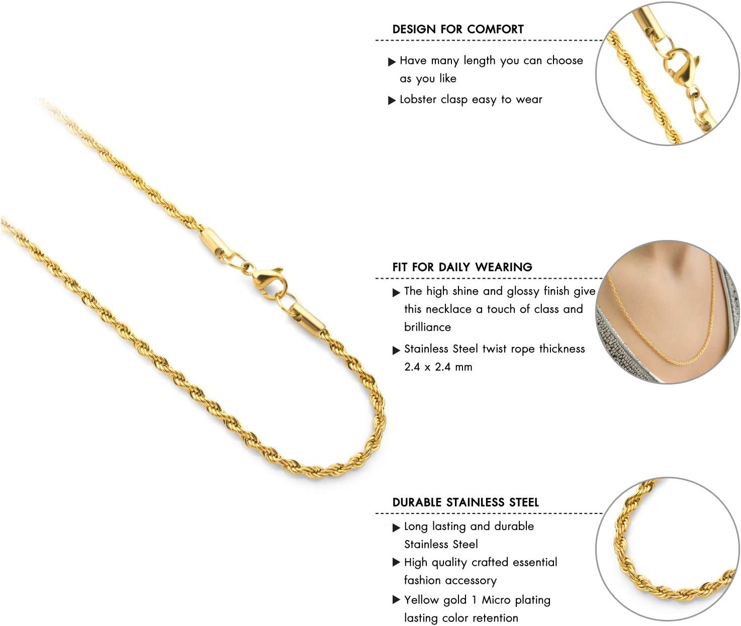 image:image555Jewelry Stainless Steel Hypoallergenic Twisted Singapore Rope Chain NecklaceYellow Gold