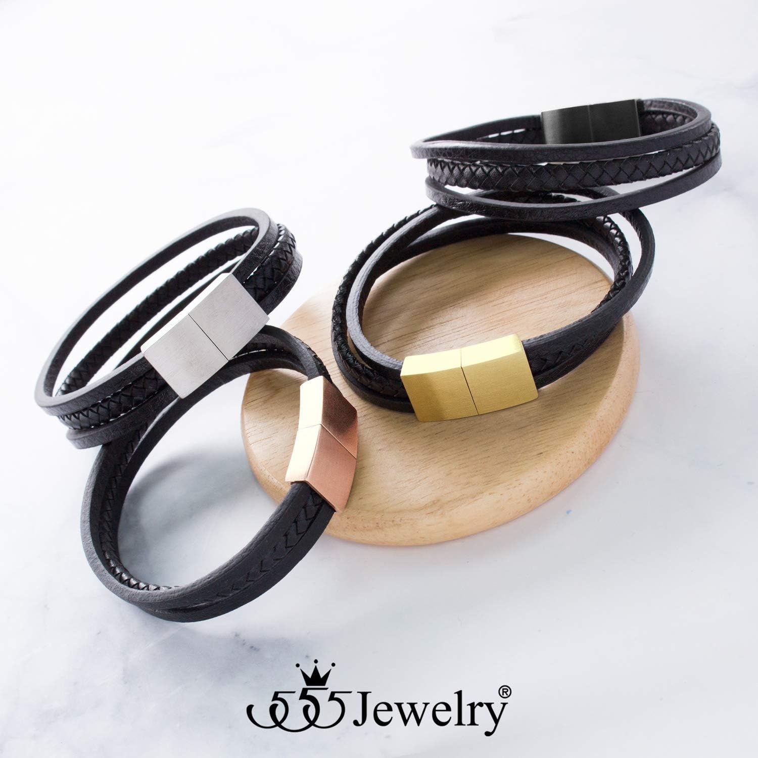 image:image555Jewelry Stainless Steel Magnetic Clasp Braided Black Leather Bracelet for MenBlack