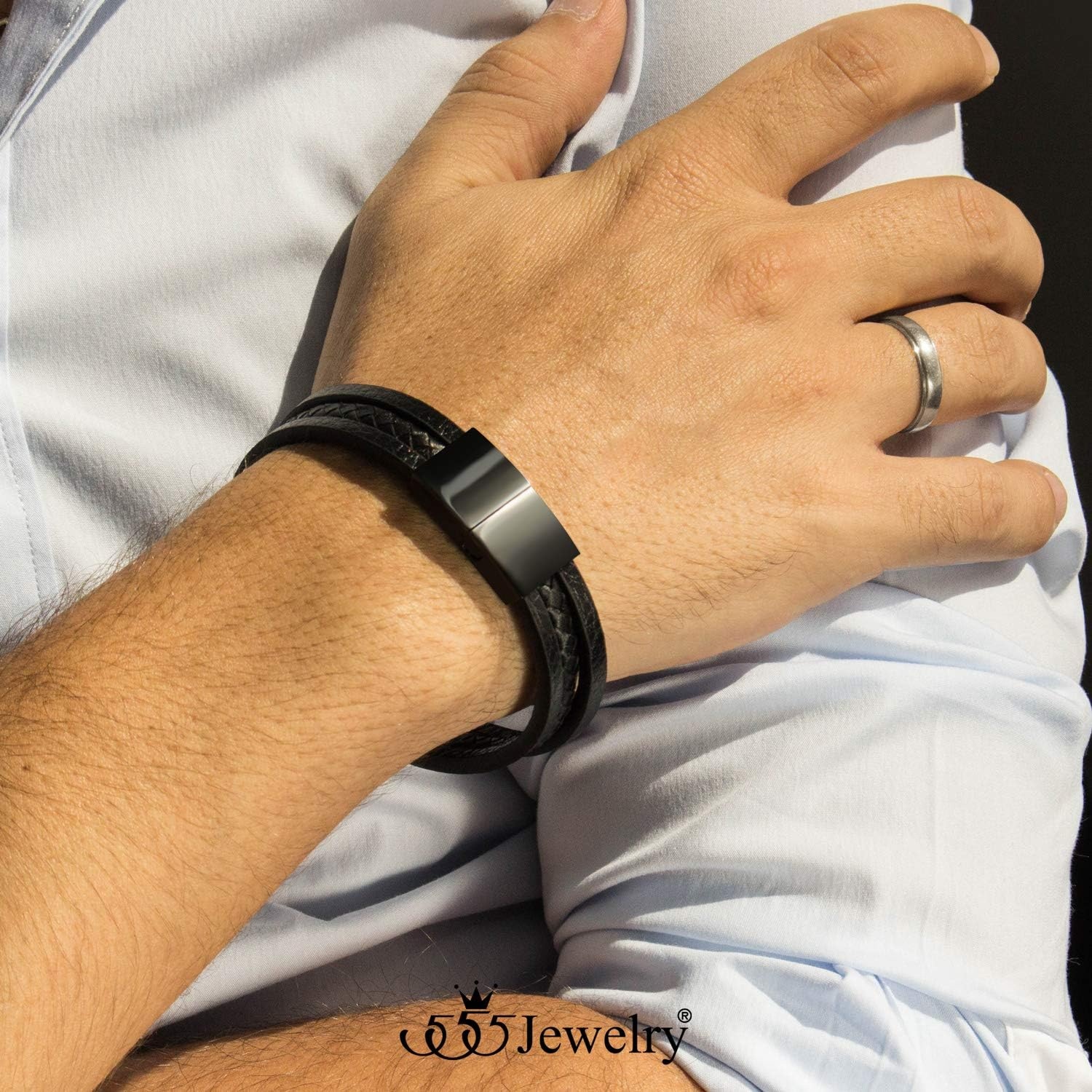 image:image555Jewelry Stainless Steel Magnetic Clasp Braided Black Leather Bracelet for MenBlack