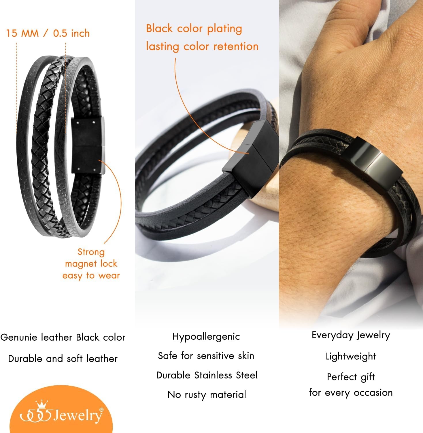 image:image555Jewelry Stainless Steel Magnetic Clasp Braided Black Leather Bracelet for MenBlack