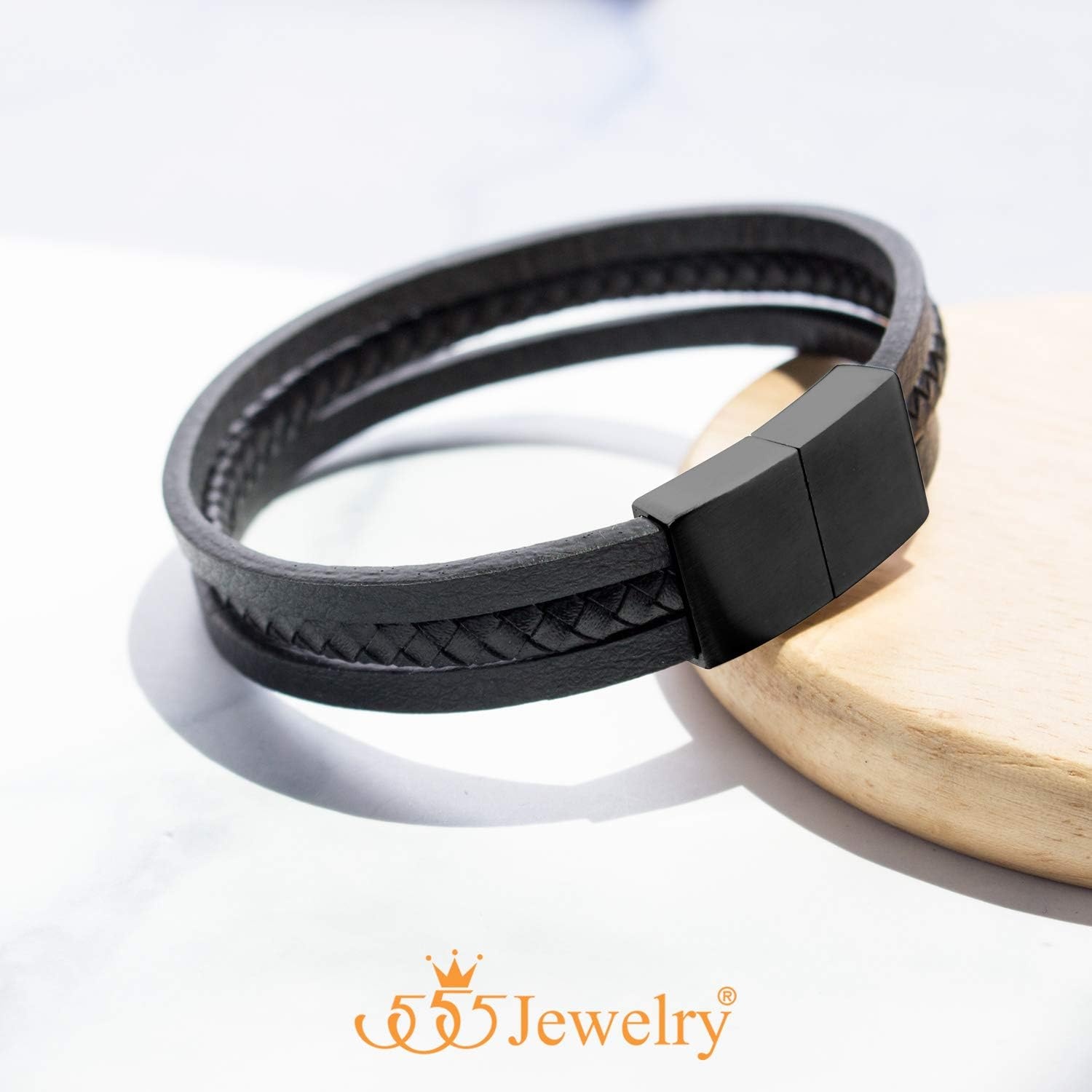 image:image555Jewelry Stainless Steel Magnetic Clasp Braided Black Leather Bracelet for MenBlack