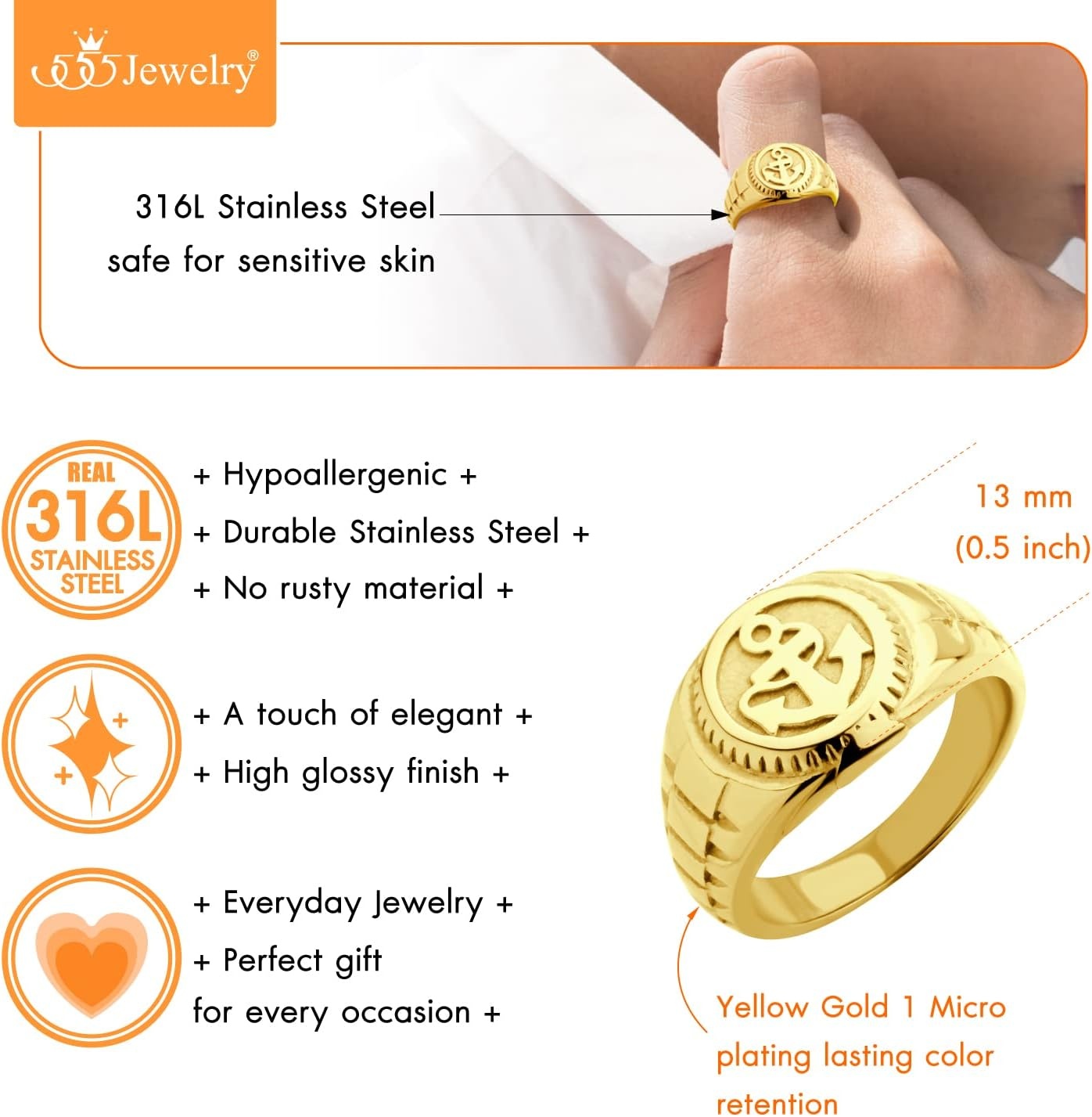 image:image555Jewelry Stainless Steel Modern Nautical Pirate Sailor Anchor Signet Ring for MenGold