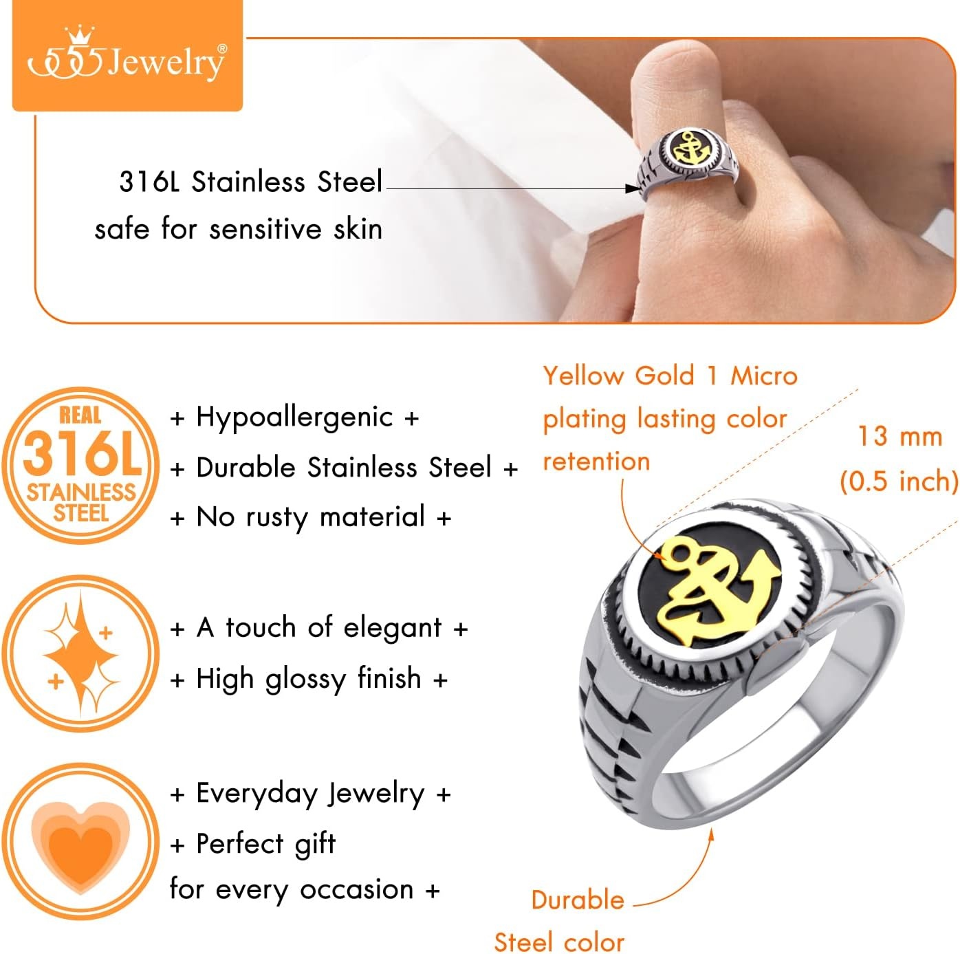 image:image555Jewelry Stainless Steel Modern Nautical Pirate Sailor Anchor Signet Ring for MenSilver Gold