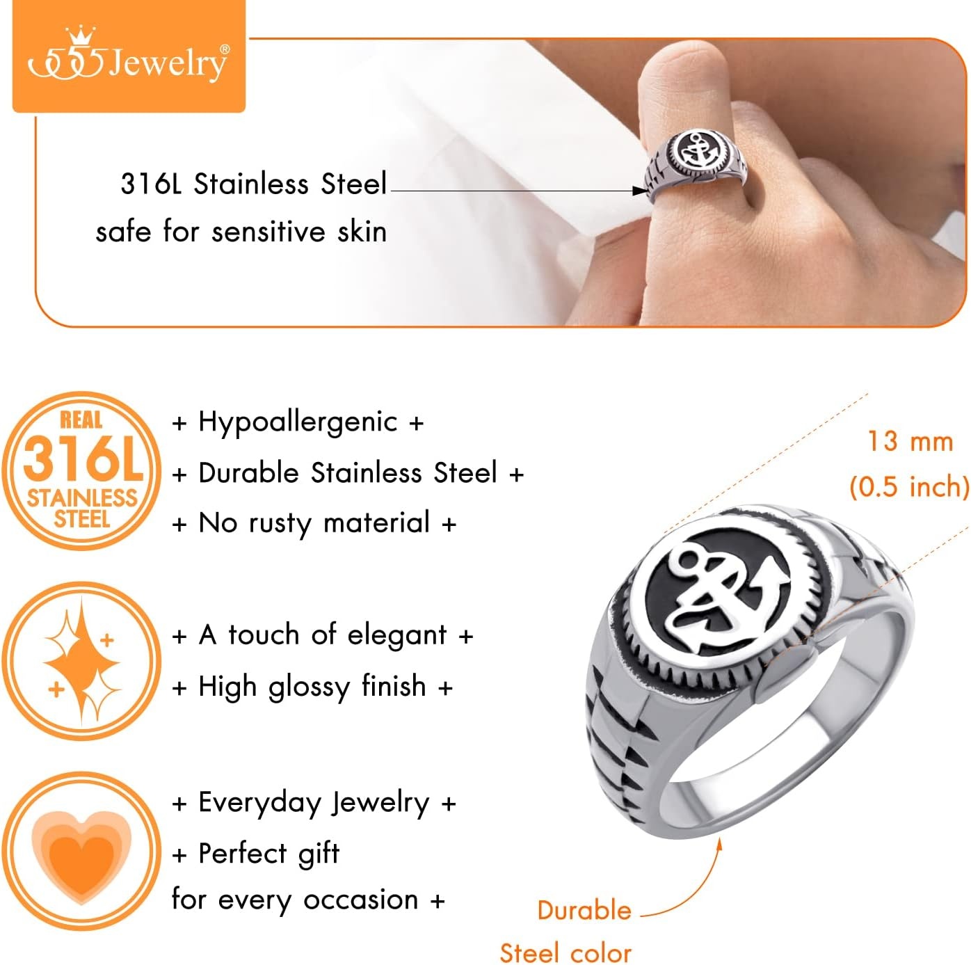 image:image555Jewelry Stainless Steel Modern Nautical Pirate Sailor Anchor Signet Ring for MenSilver