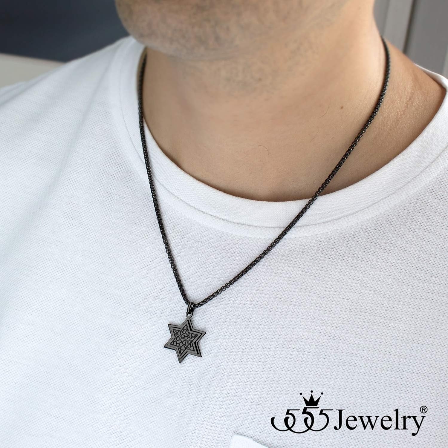 image:image555Jewelry Stainless Steel Patterned Star of David Necklace for Men amp Women 1624 Inch Box ChainBlack