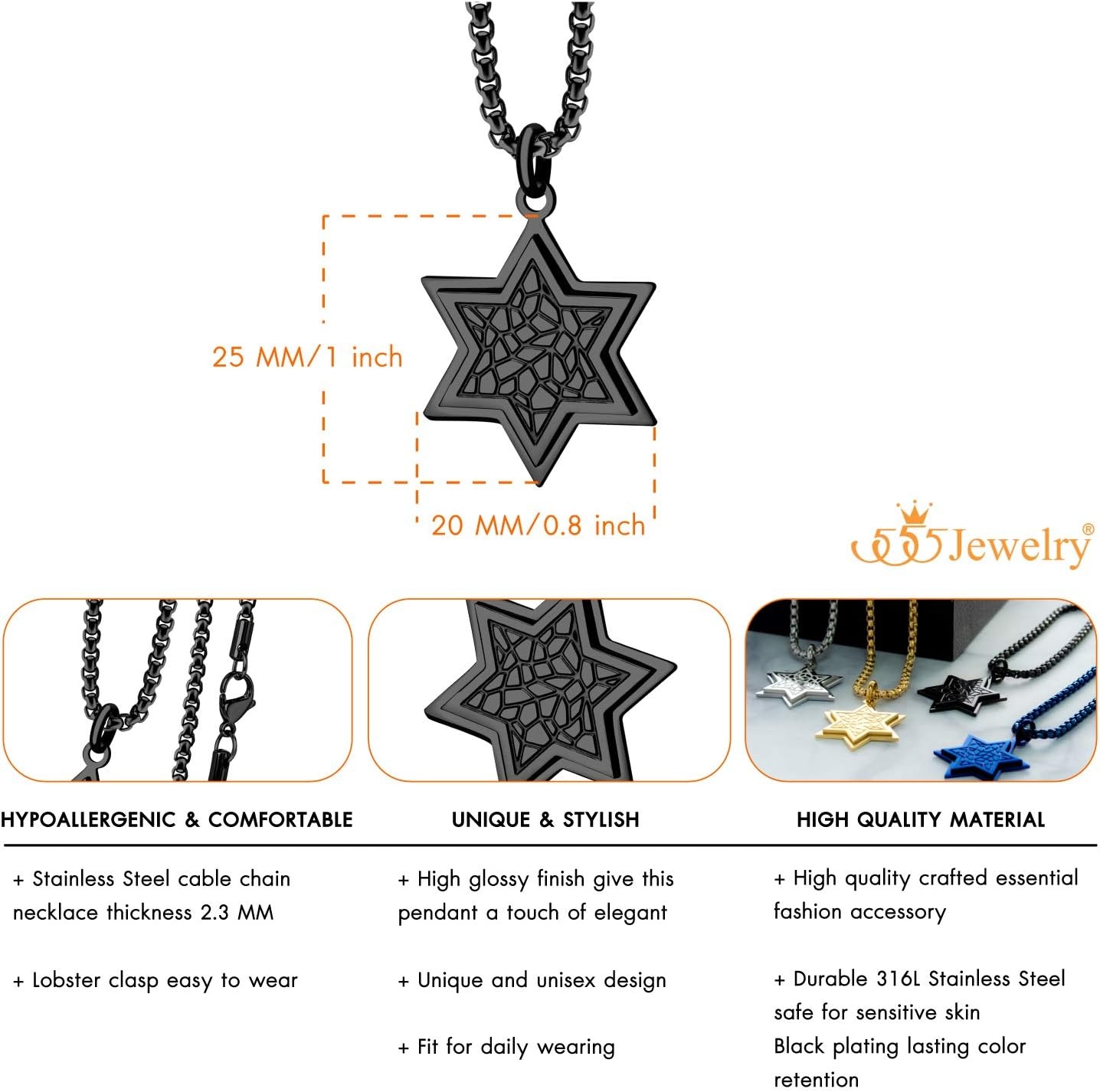 image:image555Jewelry Stainless Steel Patterned Star of David Necklace for Men amp Women 1624 Inch Box ChainBlack