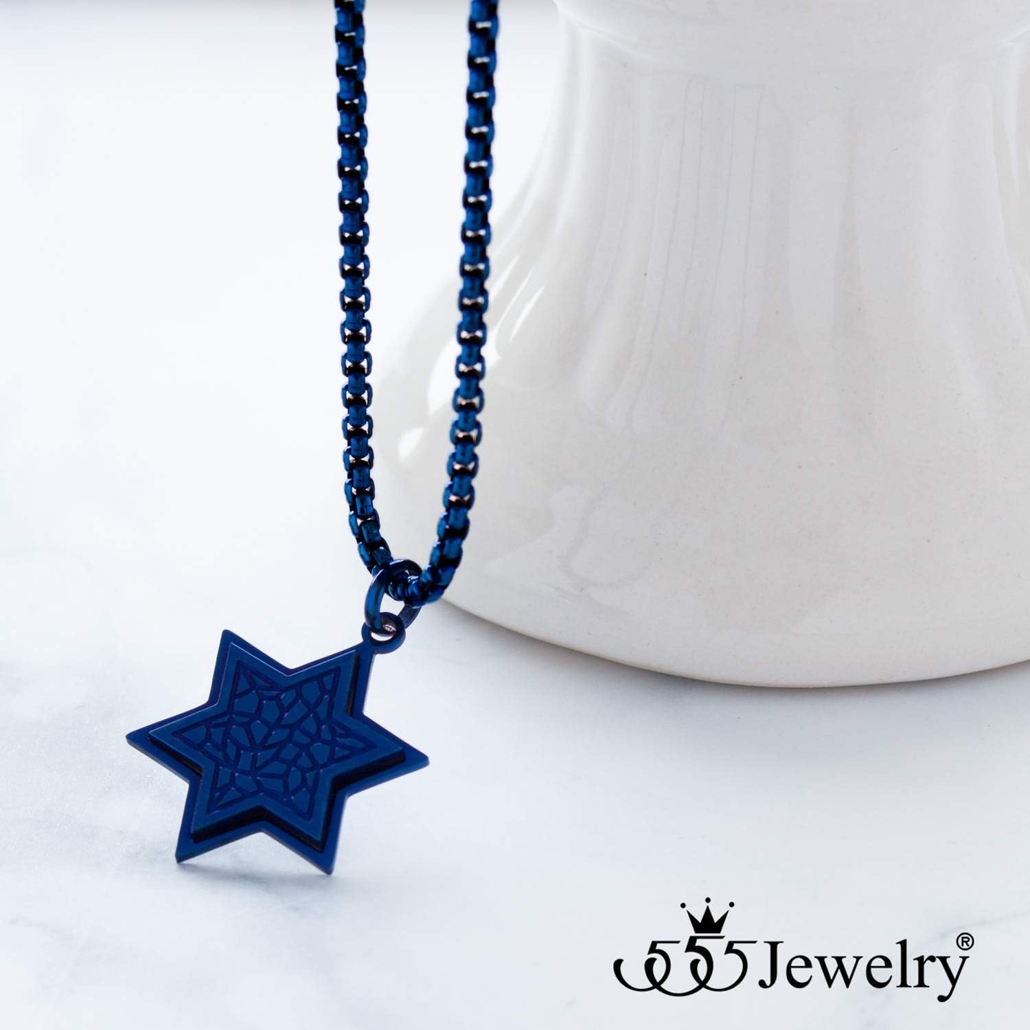 image:image555Jewelry Stainless Steel Patterned Star of David Necklace for Men amp Women 1624 Inch Box ChainBlue
