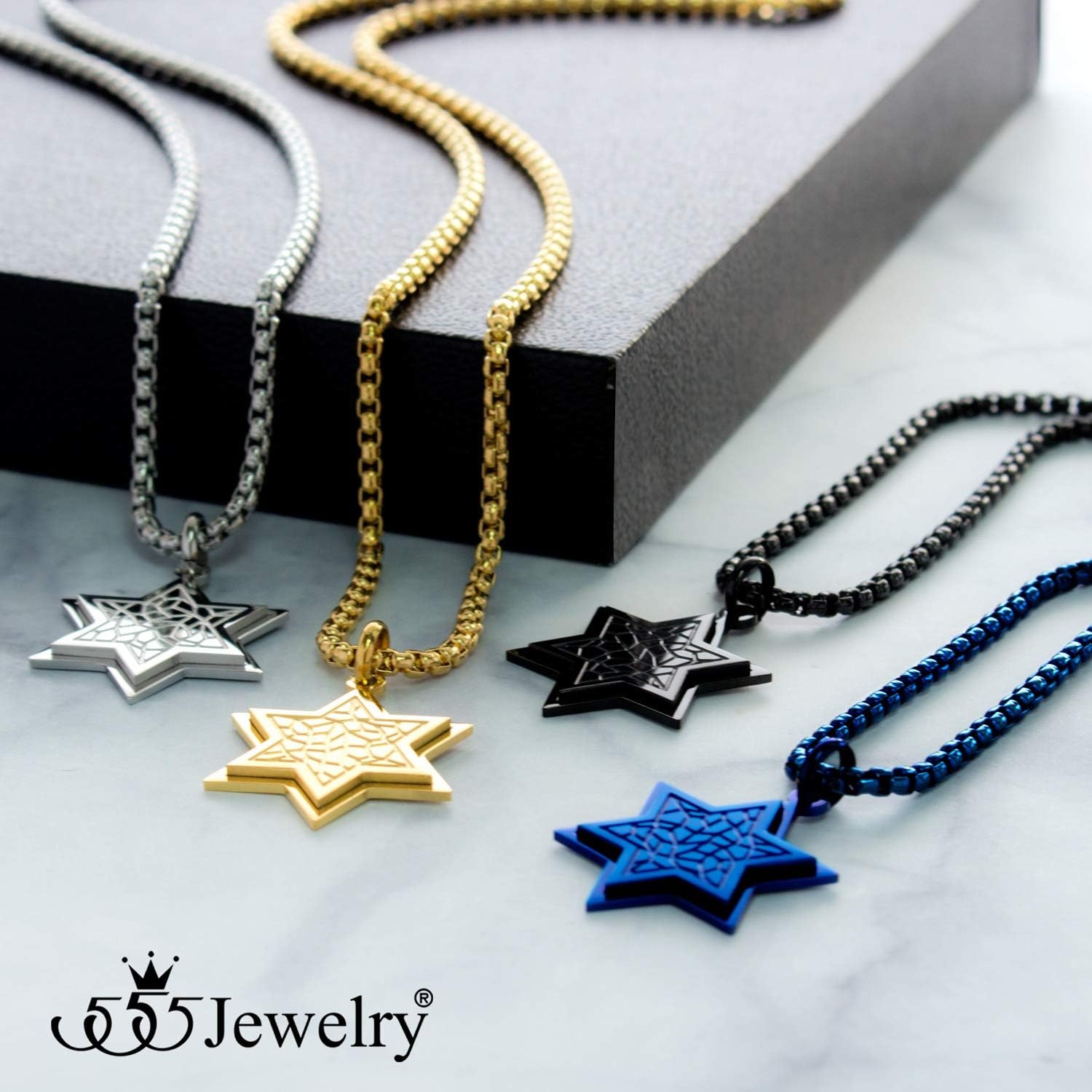 image:image555Jewelry Stainless Steel Patterned Star of David Necklace for Men amp Women 1624 Inch Box ChainBlue