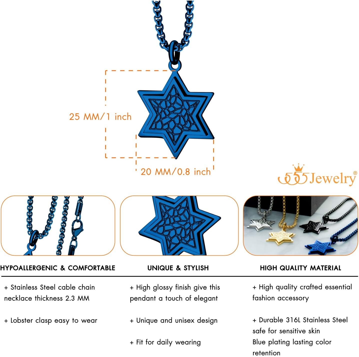 image:image555Jewelry Stainless Steel Patterned Star of David Necklace for Men amp Women 1624 Inch Box ChainBlue