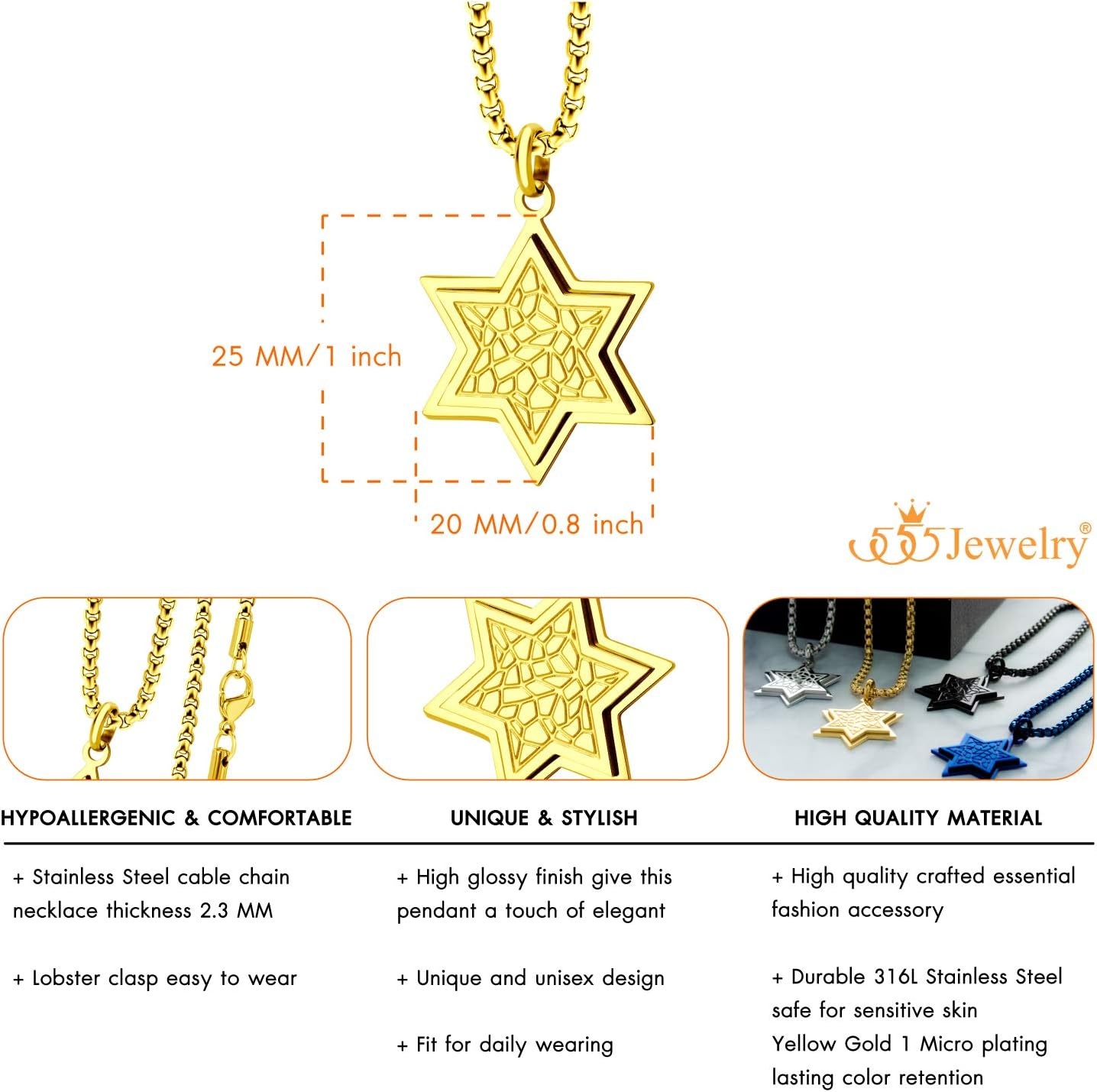 image:image555Jewelry Stainless Steel Patterned Star of David Necklace for Men amp Women 1624 Inch Box ChainGold