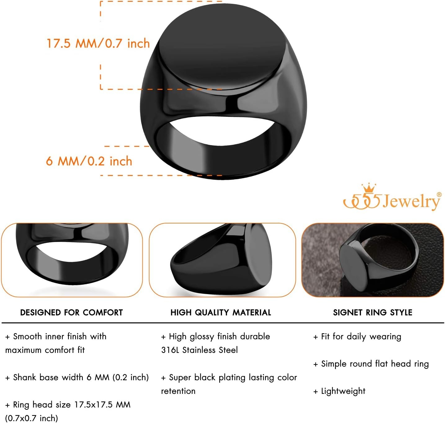 image:image555Jewelry Stainless Steel Solid Plain High Polish Round Signet Ring for MenBlack