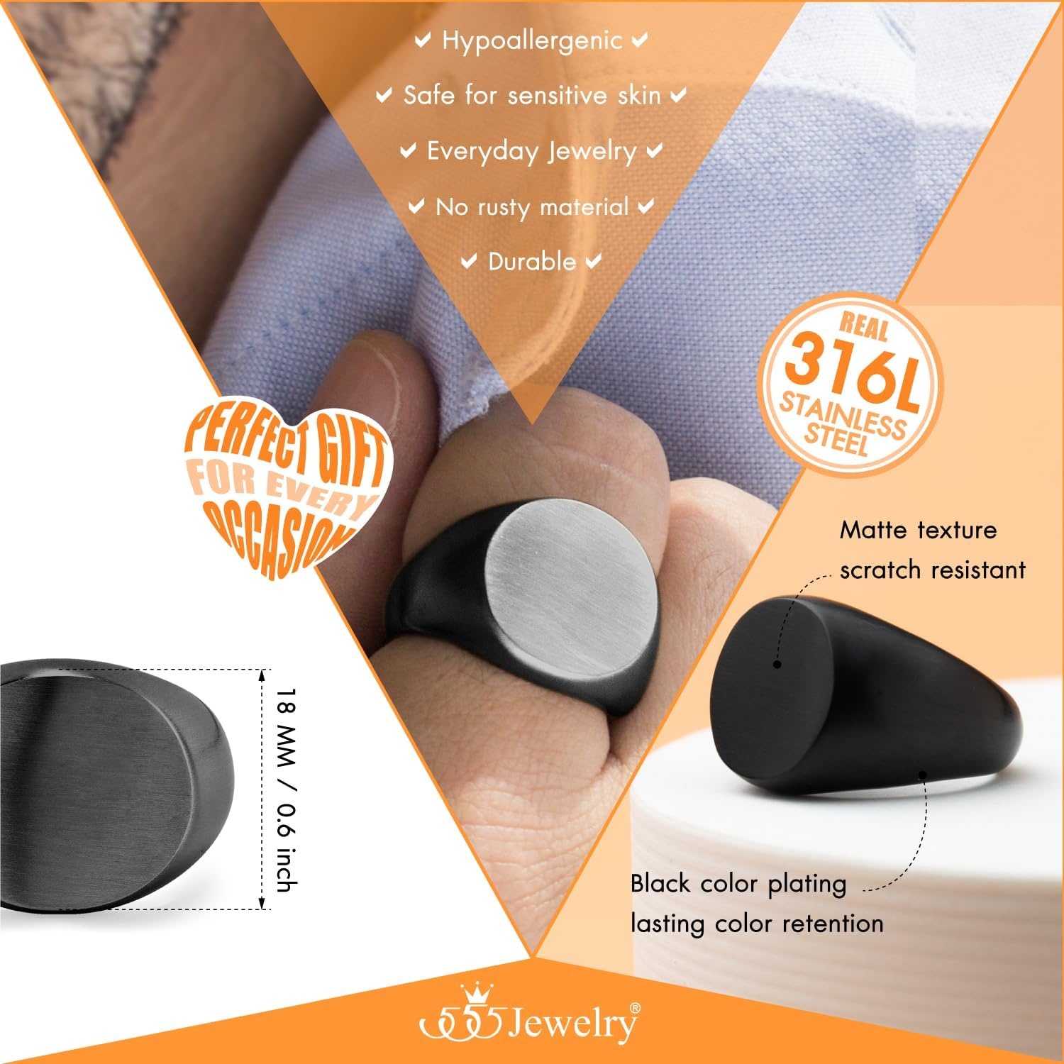 image:image555Jewelry Stainless Steel Solid Plain High Polish Round Signet Ring for MenBlack Matt