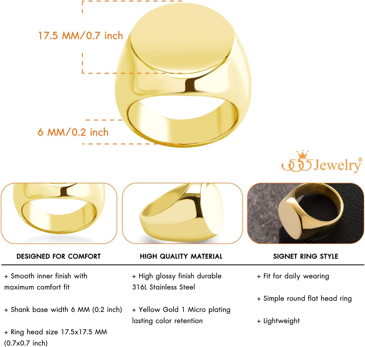 image:image555Jewelry Stainless Steel Solid Plain High Polish Round Signet Ring for MenGold