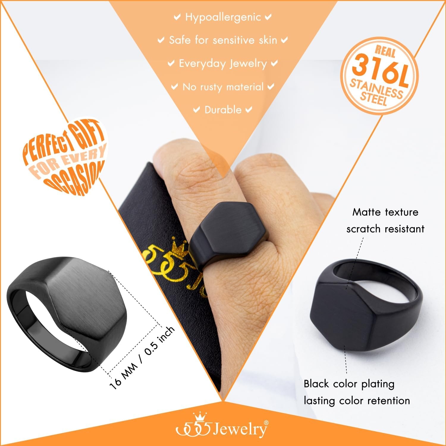 image:image555Jewelry Stainless Steel Solid Plain High Polish Round Signet Ring for MenHexagon Black