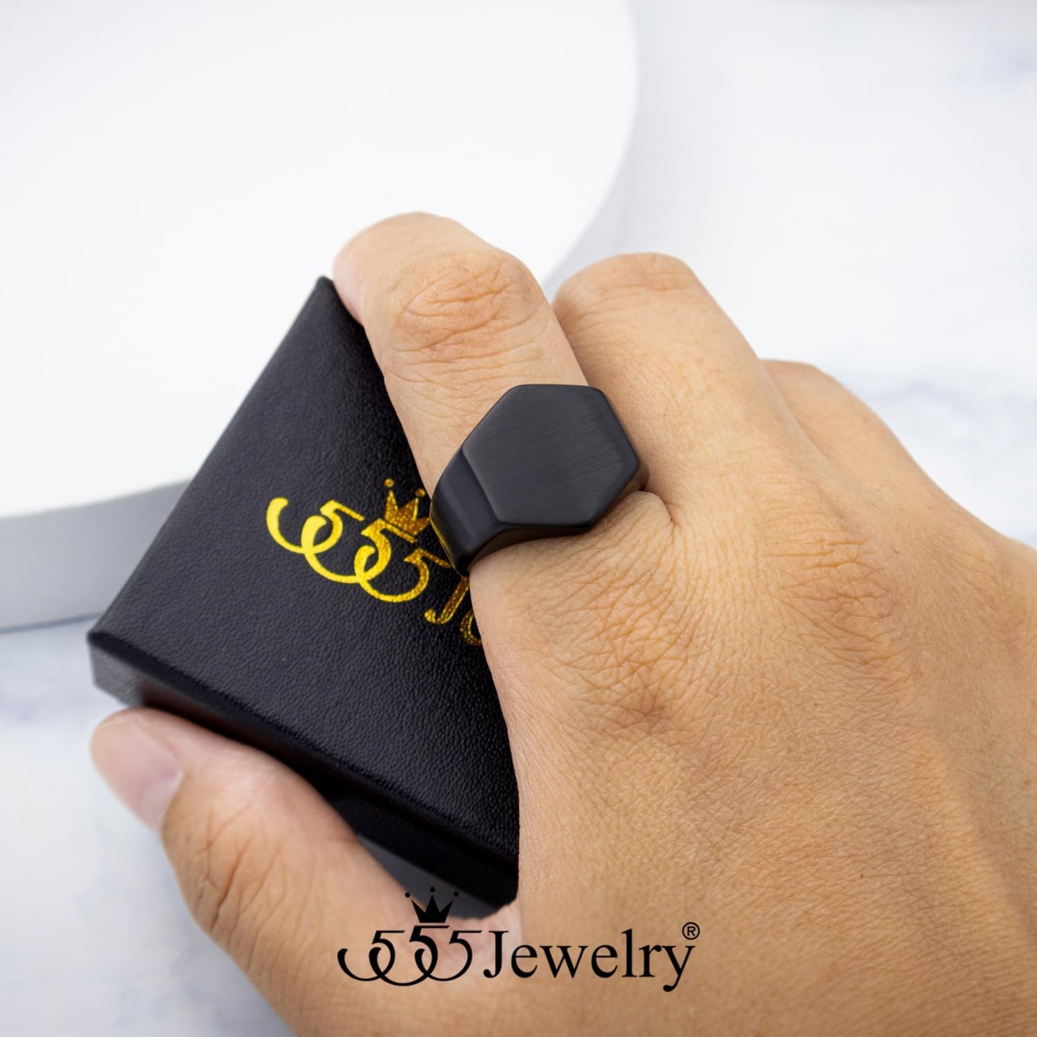 image:image555Jewelry Stainless Steel Solid Plain High Polish Round Signet Ring for MenHexagon Black