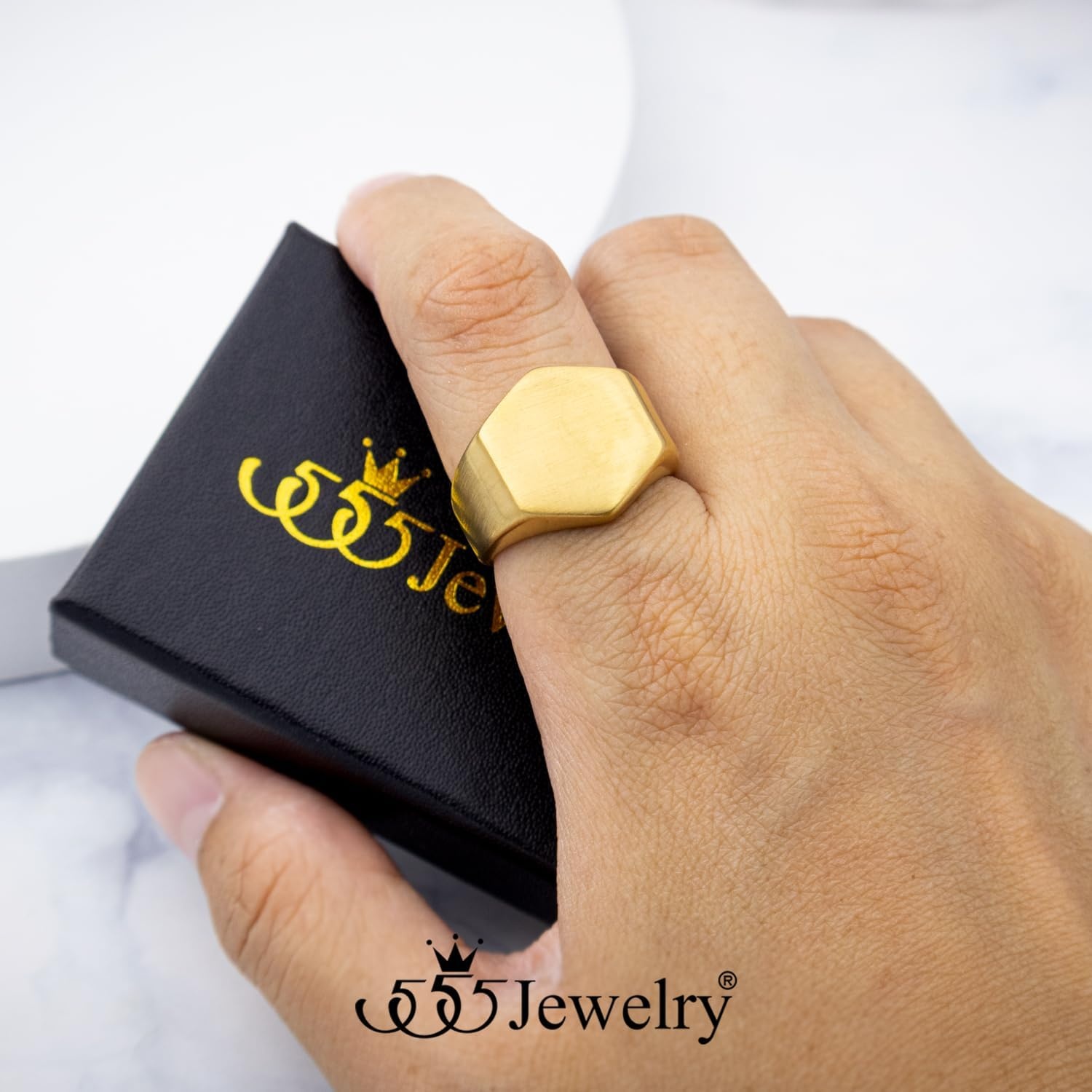 image:image555Jewelry Stainless Steel Solid Plain High Polish Round Signet Ring for MenHexagon Gold