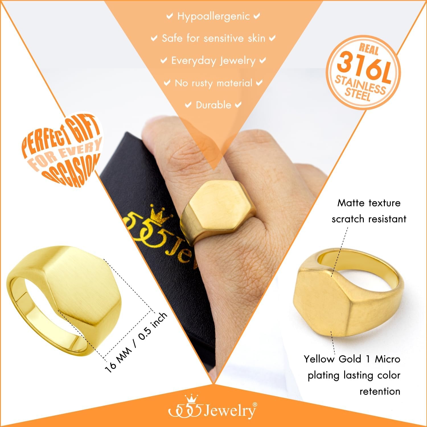 image:image555Jewelry Stainless Steel Solid Plain High Polish Round Signet Ring for MenHexagon Gold