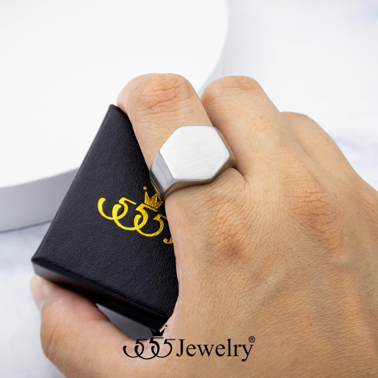 image:image555Jewelry Stainless Steel Solid Plain High Polish Round Signet Ring for MenHexagon Silver