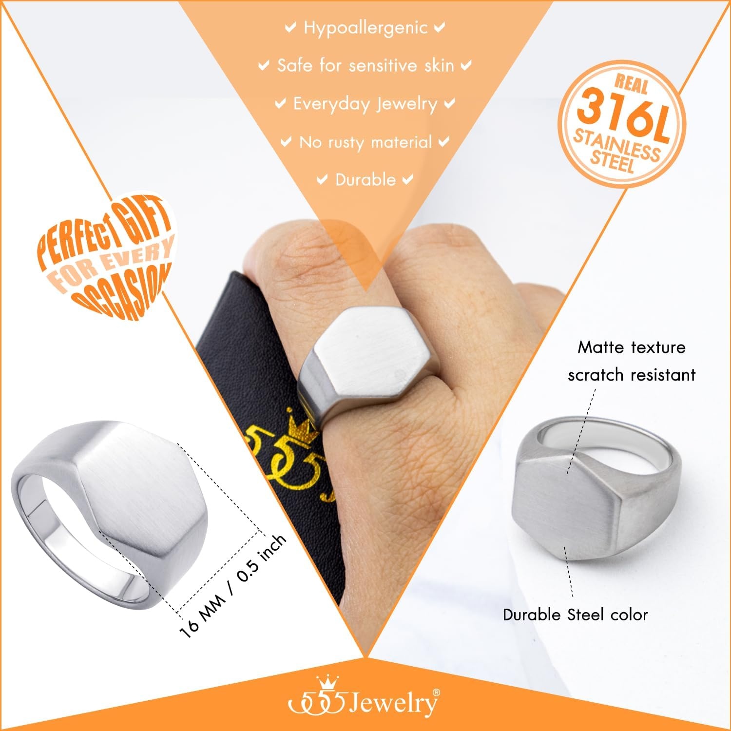 image:image555Jewelry Stainless Steel Solid Plain High Polish Round Signet Ring for MenHexagon Silver