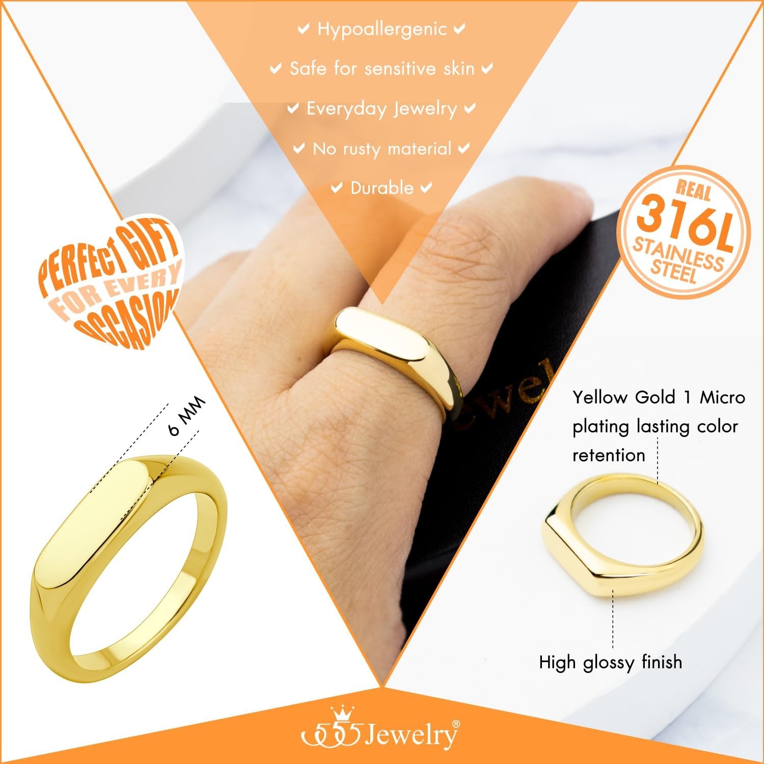 image:image555Jewelry Stainless Steel Solid Plain High Polish Round Signet Ring for MenOval Gold