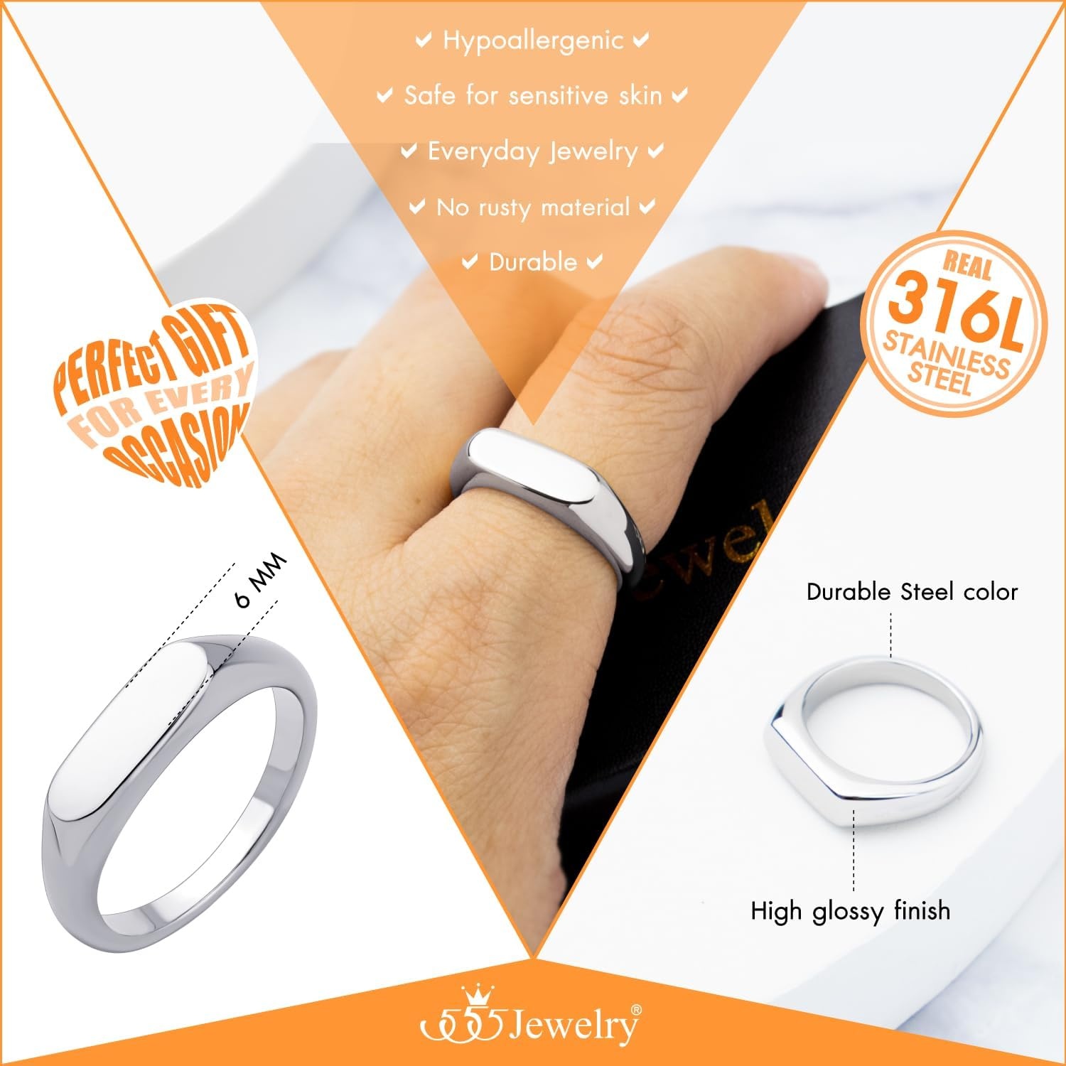 image:image555Jewelry Stainless Steel Solid Plain High Polish Round Signet Ring for MenOval Silver