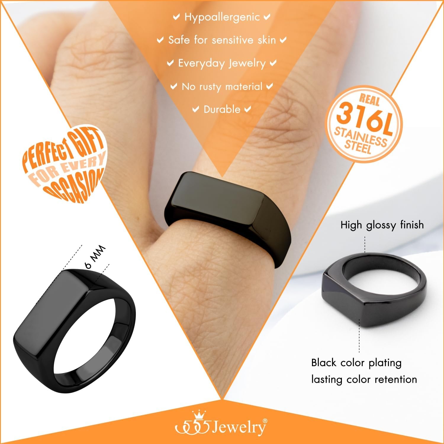 image:image555Jewelry Stainless Steel Solid Plain High Polish Round Signet Ring for MenRectangle Black