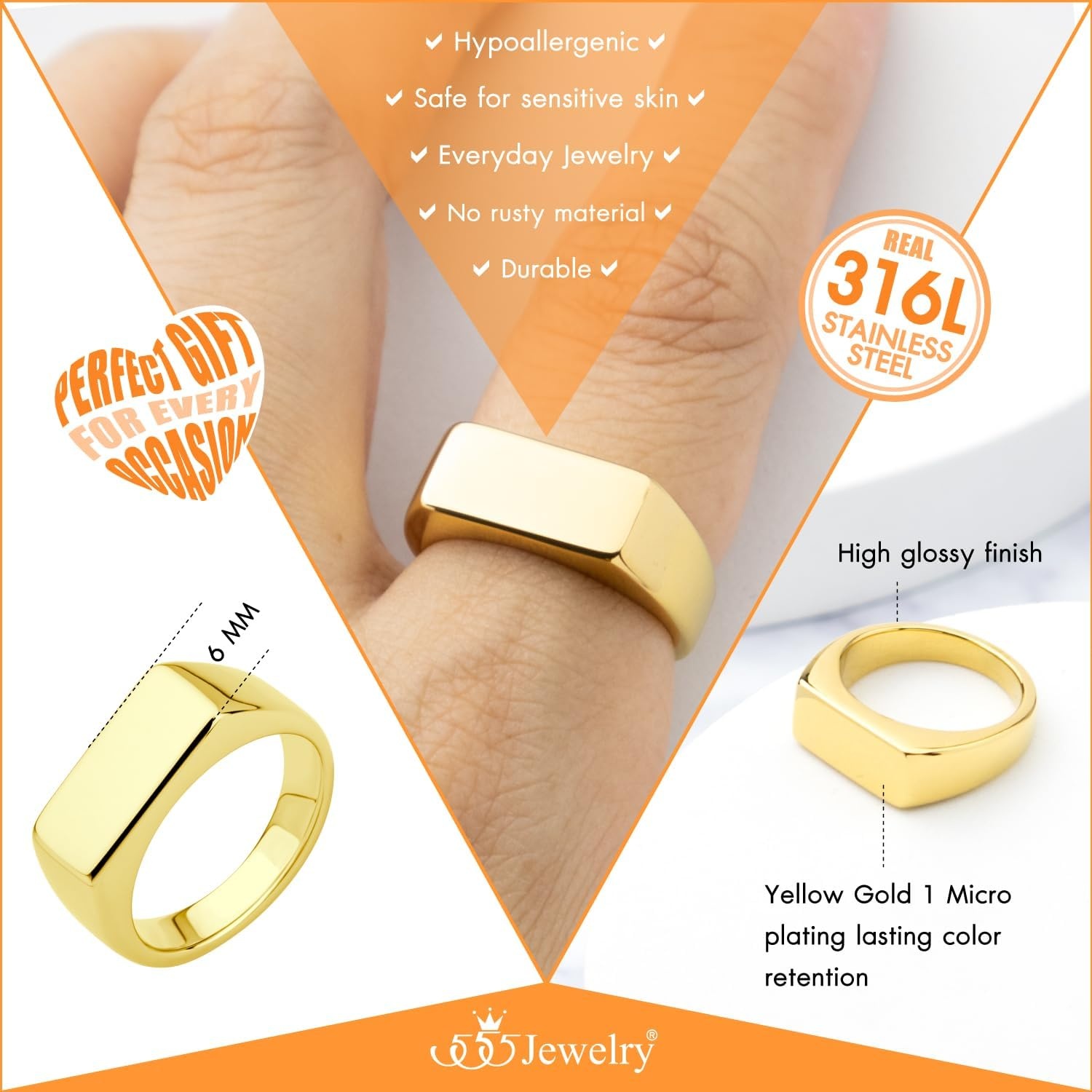 image:image555Jewelry Stainless Steel Solid Plain High Polish Round Signet Ring for MenRectangle Gold