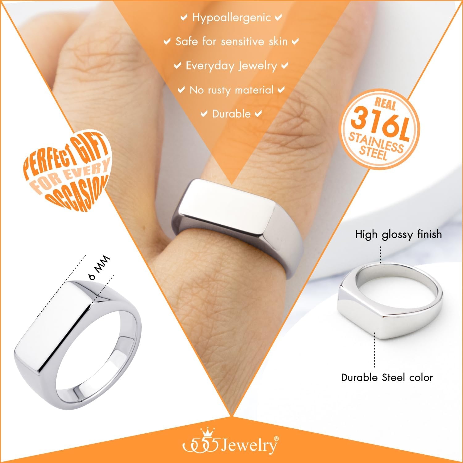 image:image555Jewelry Stainless Steel Solid Plain High Polish Round Signet Ring for MenRectangle Silver