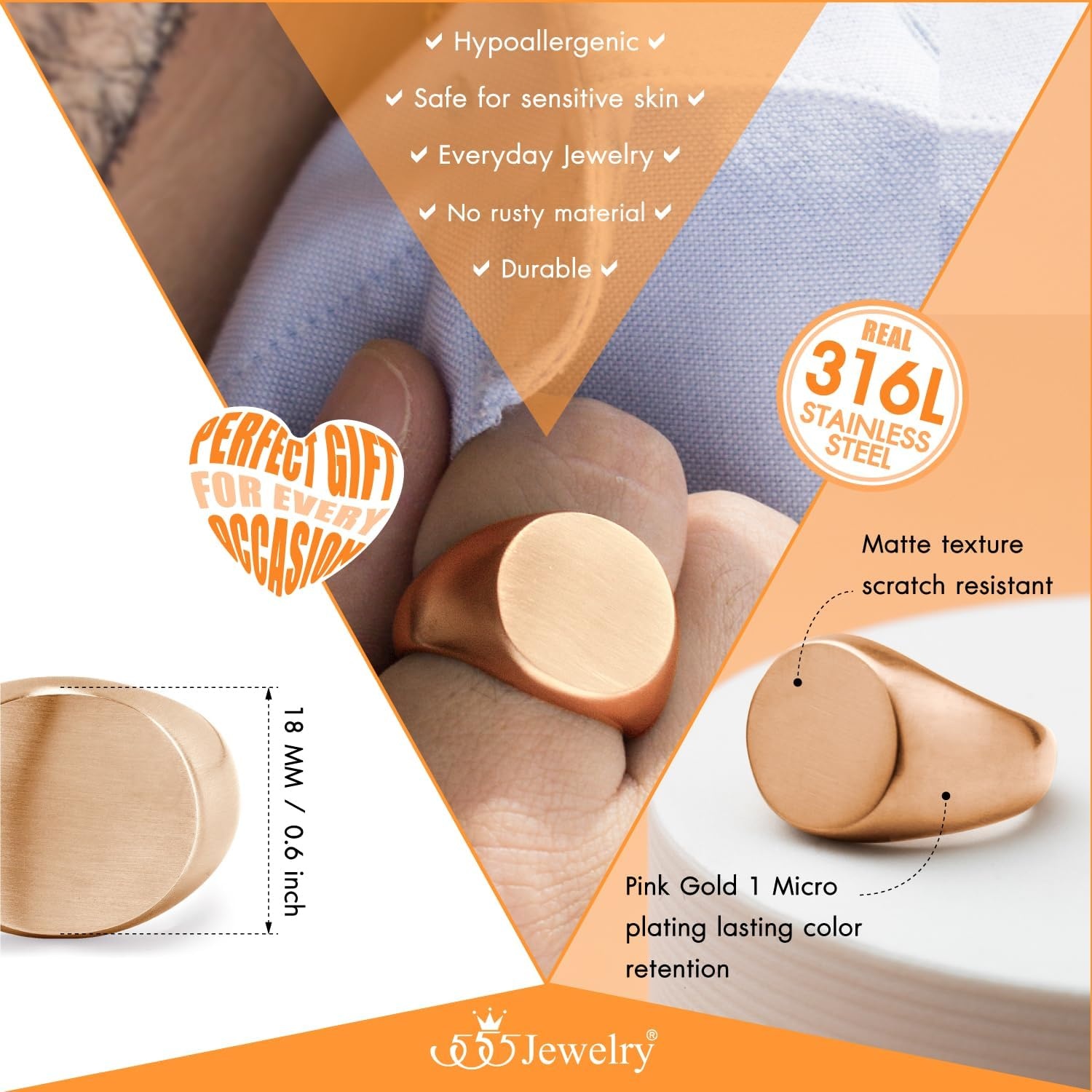 image:image555Jewelry Stainless Steel Solid Plain High Polish Round Signet Ring for MenRose Gold Matt