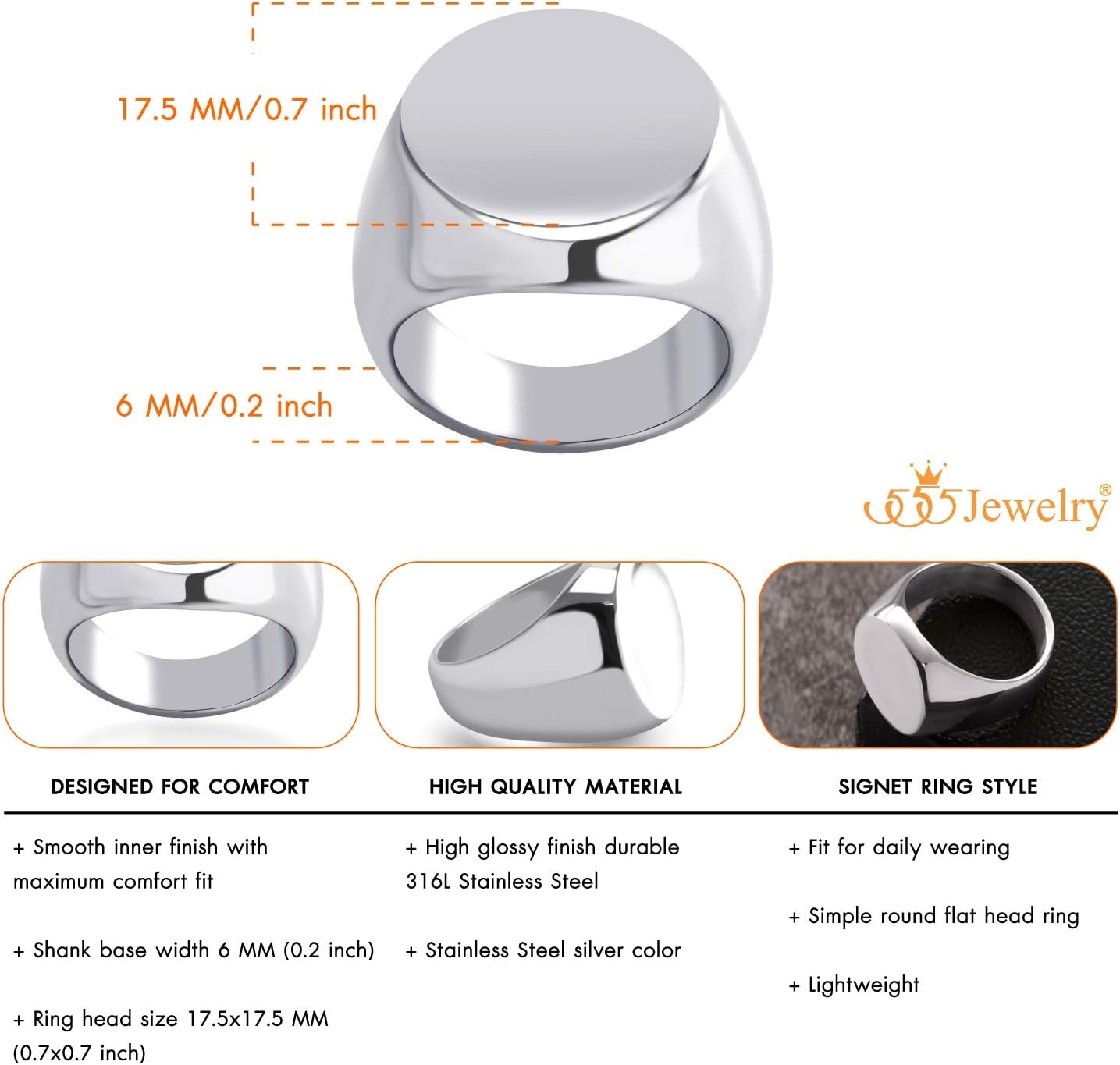 image:image555Jewelry Stainless Steel Solid Plain High Polish Round Signet Ring for MenSilver