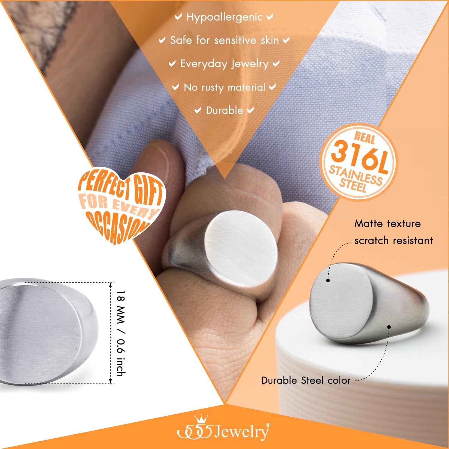 image:image555Jewelry Stainless Steel Solid Plain High Polish Round Signet Ring for MenSilver Matt